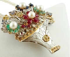Diamonds, Rubies, Emeralds, Sapphires, Pearls, Flower Basket Brooch or Pendant