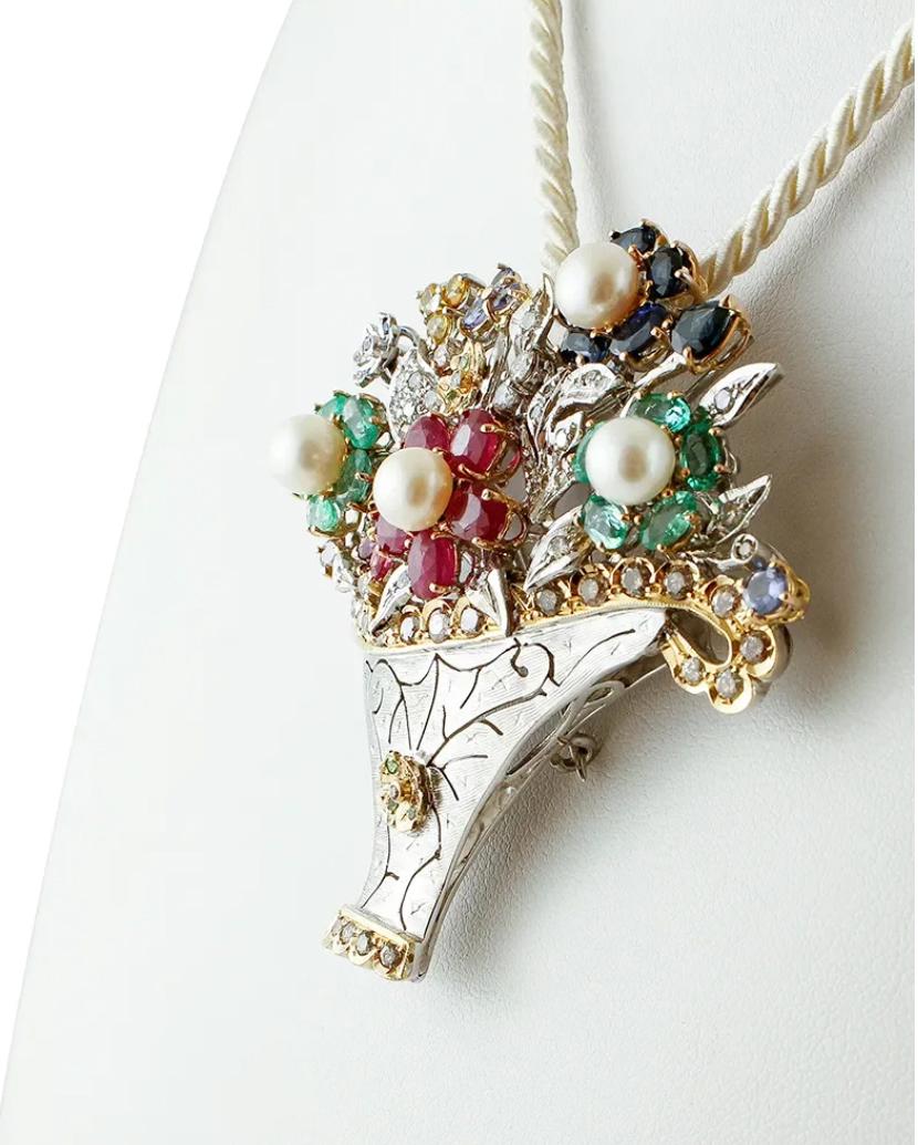 Retro Diamonds, Rubies, Emeralds, Sapphires, Pearls, Flower Basket Brooch or Pendant