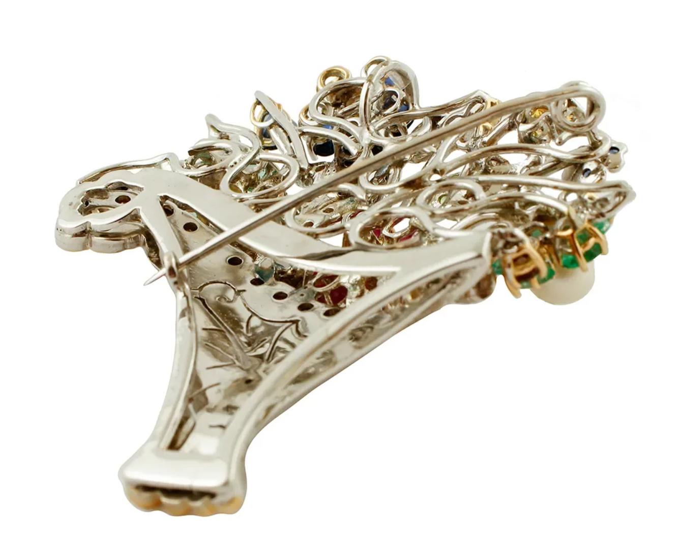 Mixed Cut Diamonds, Rubies, Emeralds, Sapphires, Pearls, Flower Basket Brooch or Pendant