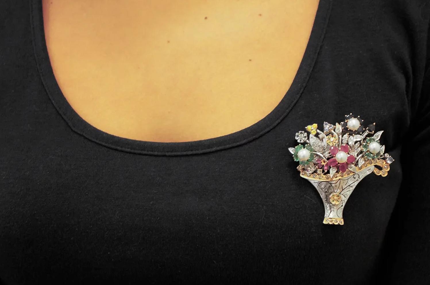 Diamonds, Rubies, Emeralds, Sapphires, Pearls, Flower Basket Brooch or Pendant 2