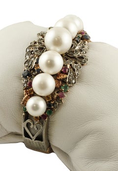 Diamonds Rubies Emeralds Sapphires Pearls Rose Gold and Silver Rigid Bracelet