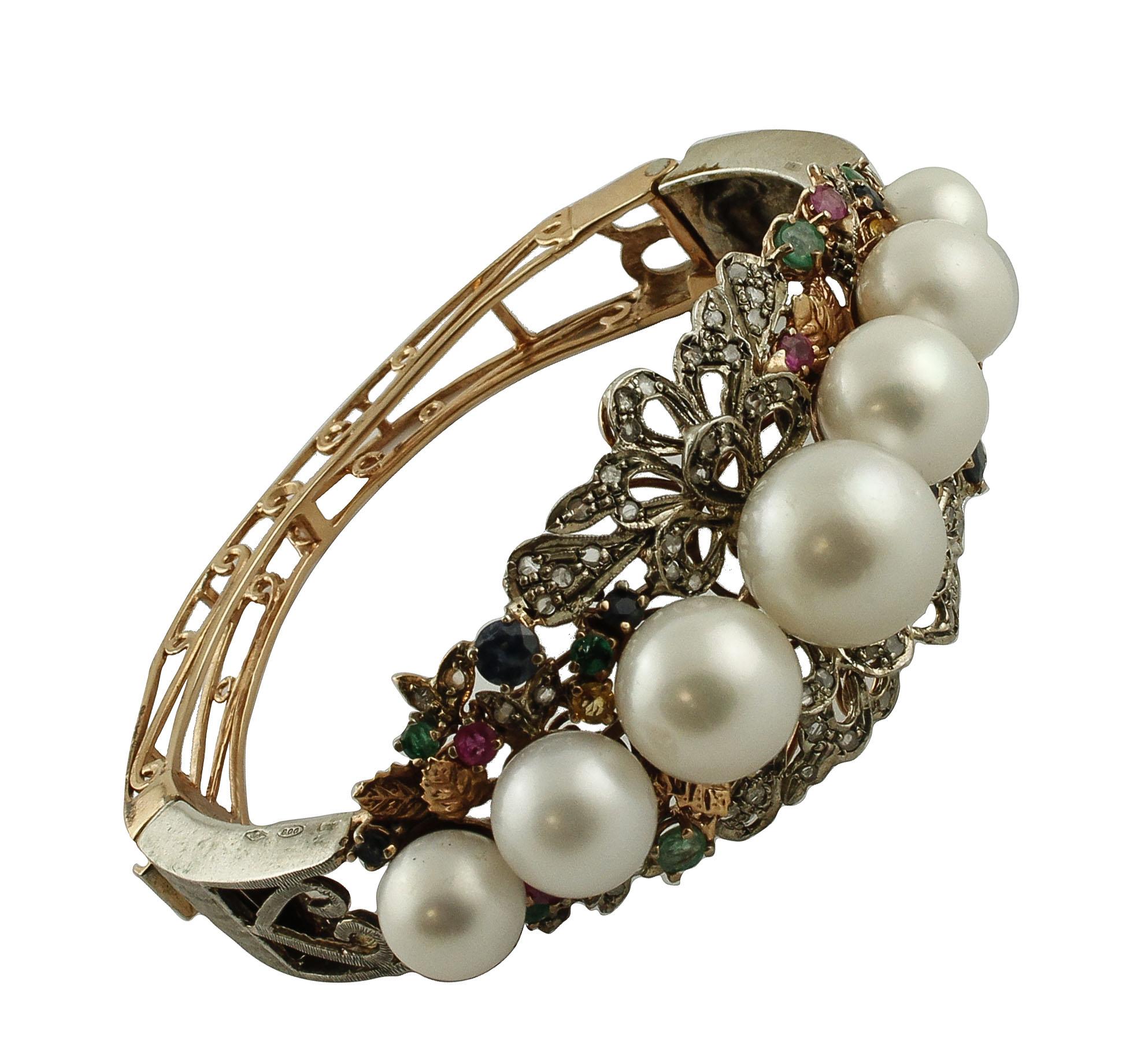 Rigid-Armband aus Rosgold und Silber mit Diamanten, Rubinen, Smaragden, Saphiren und Perlen (Gemischter Schliff) im Angebot