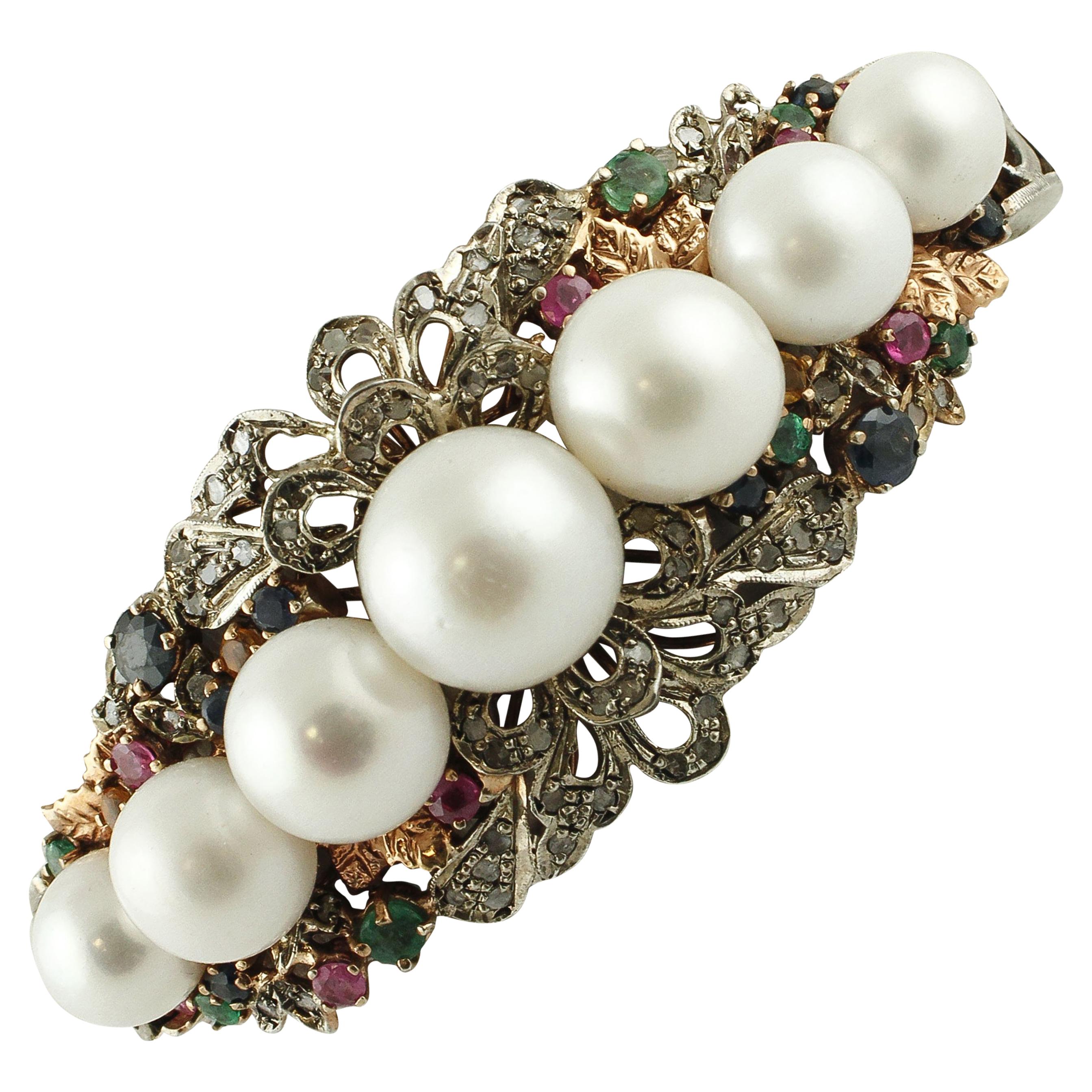 Diamonds Rubies Emeralds Sapphires Pearls Rose Gold and Silver Rigid Bracelet For Sale