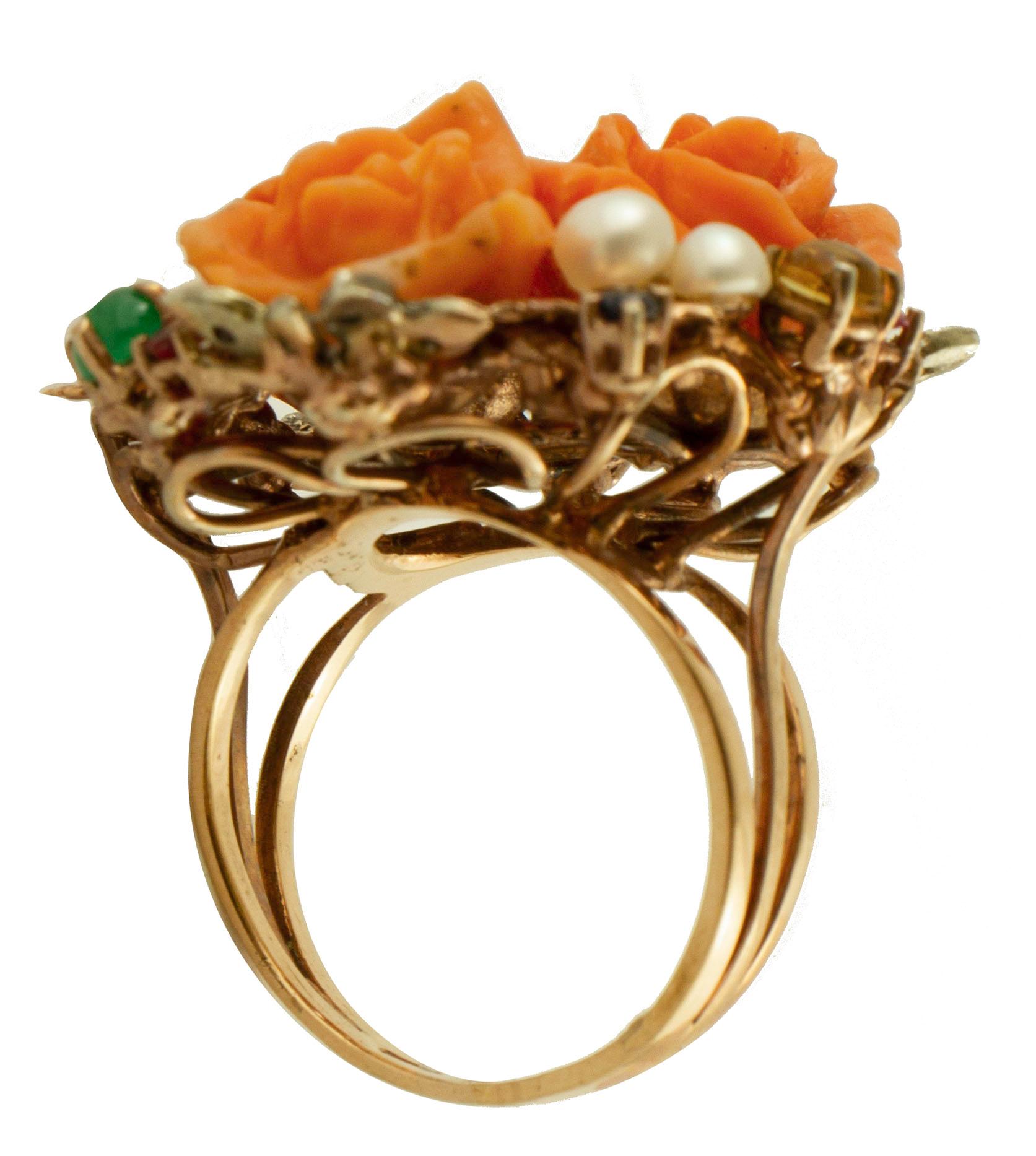 Diamonds, Rubies, Emeralds, Sapphires, Pearls, Orange Stone Flowers Gold/Silver Ring In Excellent Condition In Marcianise, Marcianise (CE)