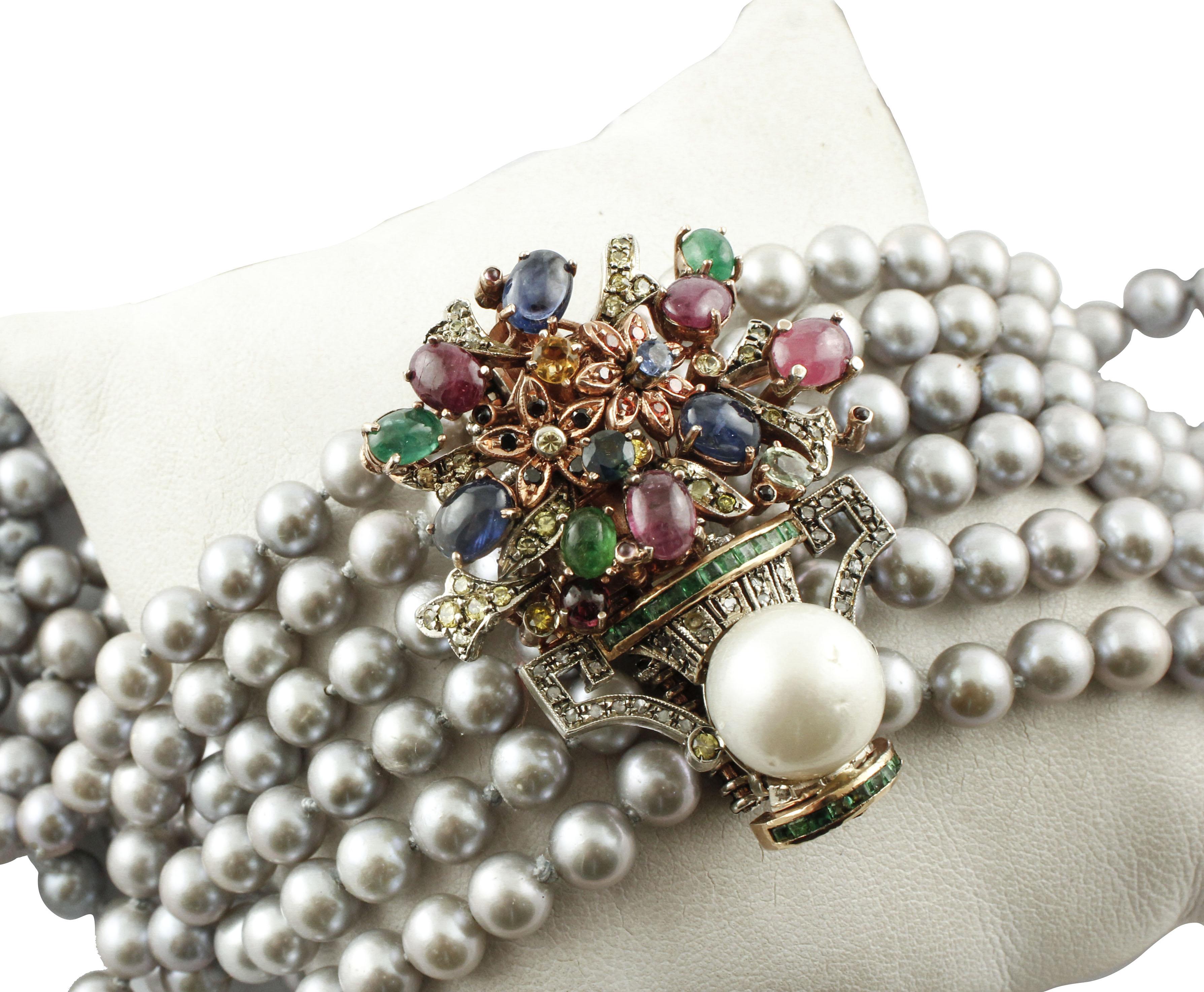 Retro Diamonds Rubies Emeralds Sapphires Stones Pearl Grey Pearl Gold Silver Necklace