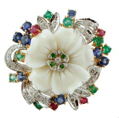 Retro Diamonds, Rubies, Emeralds, Sapphires, Tsavorites, White Coral, 14 Kt Gold Ring