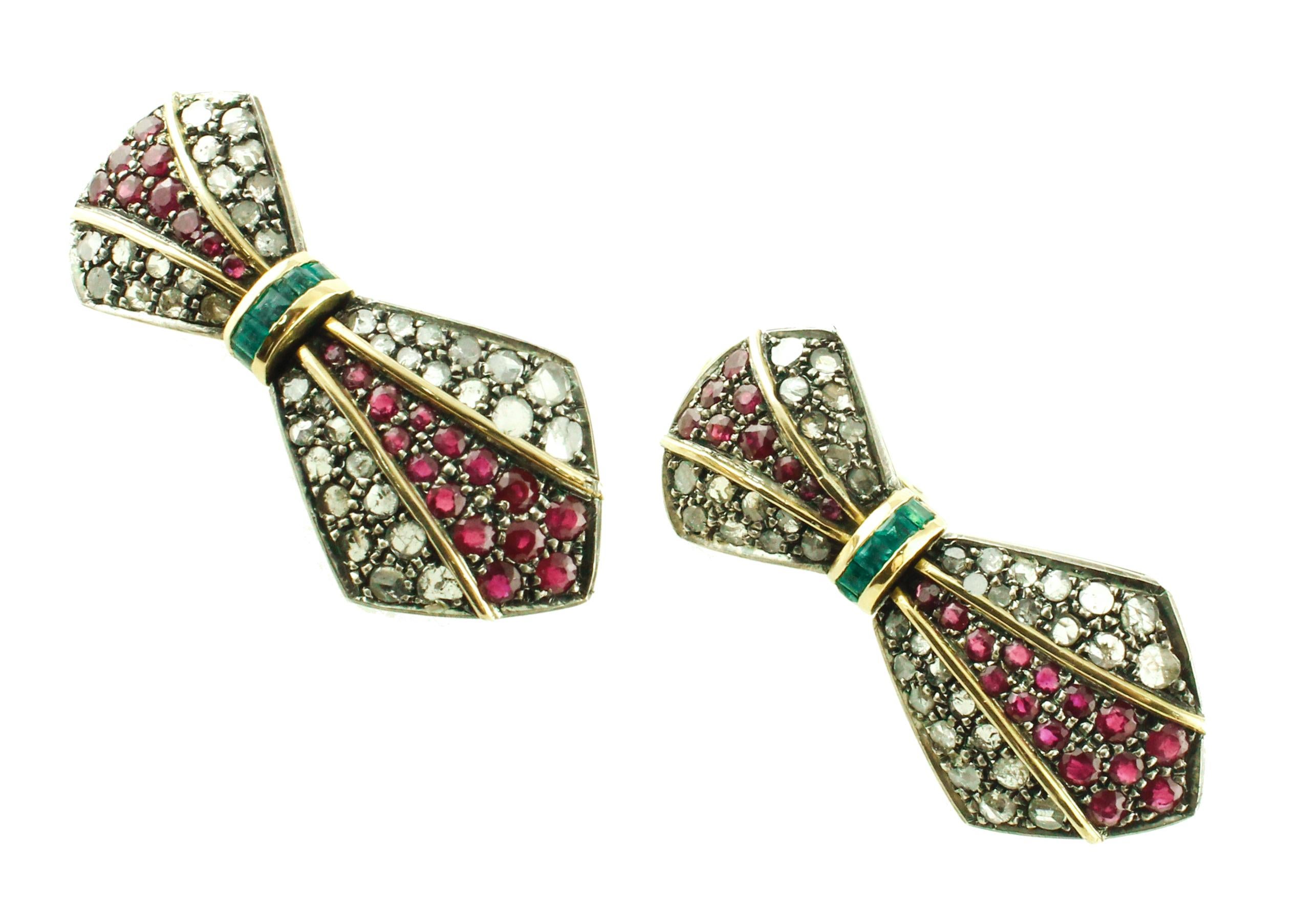 Retro Diamonds Rubies Emeralds Yellow Gold and Silver Earrings