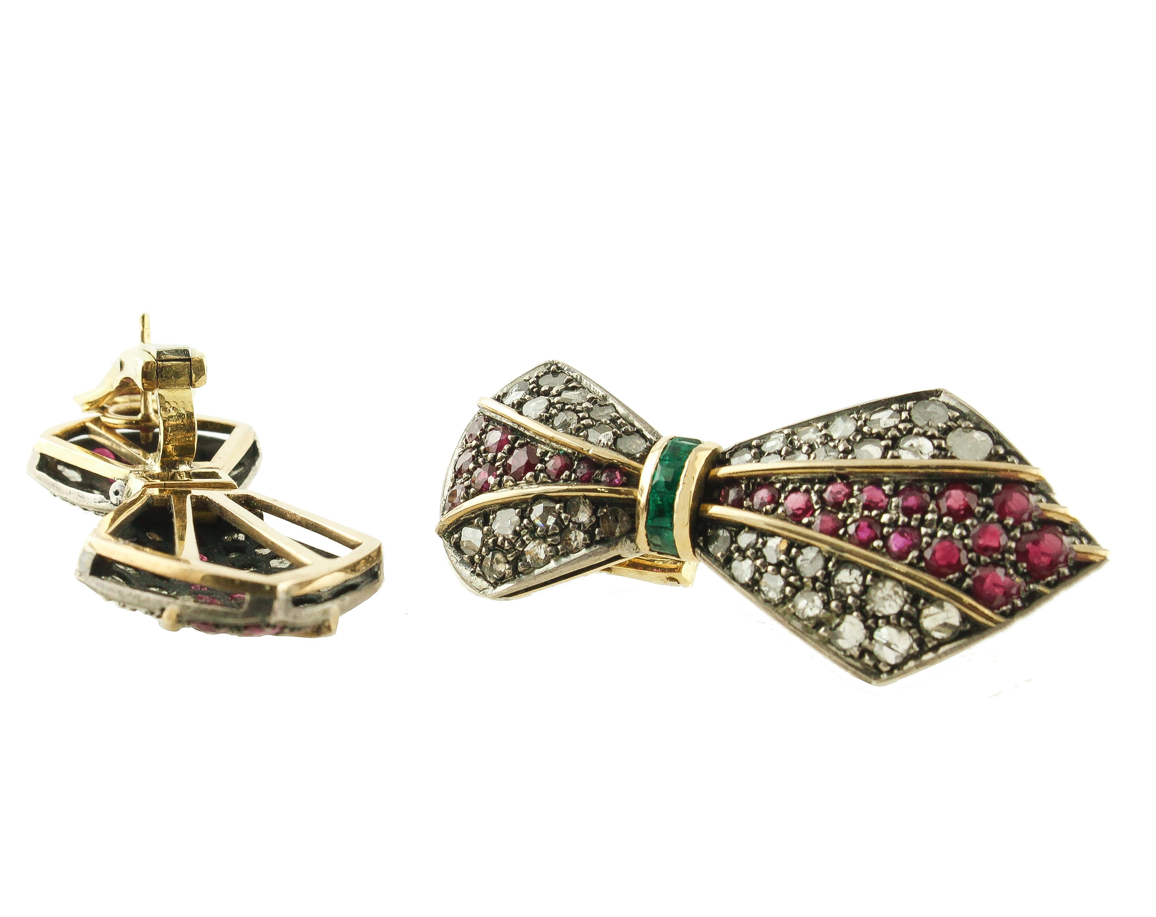 Diamonds Rubies Emeralds Yellow Gold and Silver Earrings In Good Condition In Marcianise, Marcianise (CE)