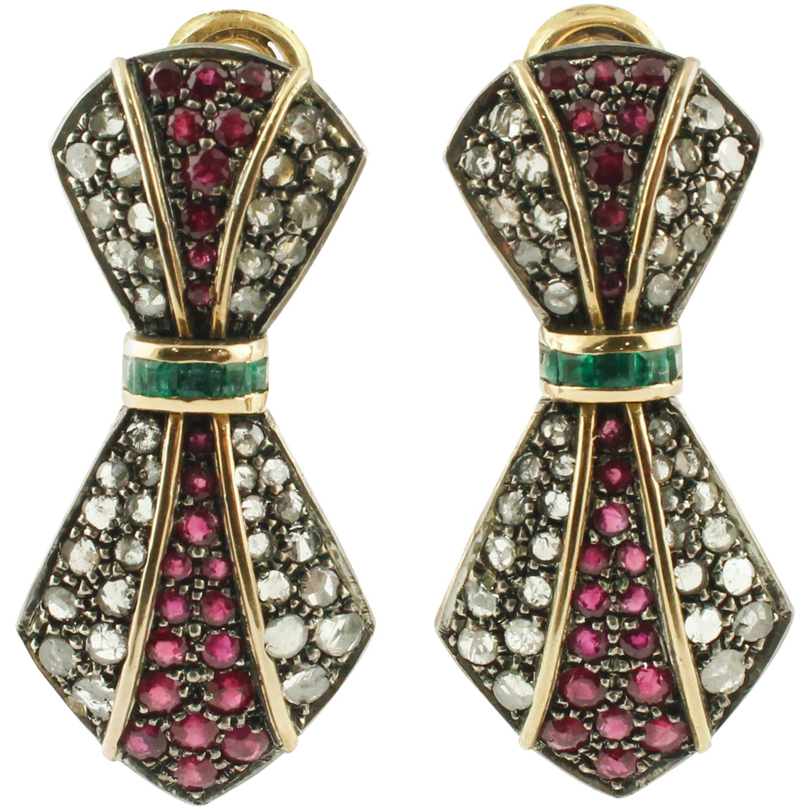 Diamonds Rubies Emeralds Yellow Gold and Silver Earrings