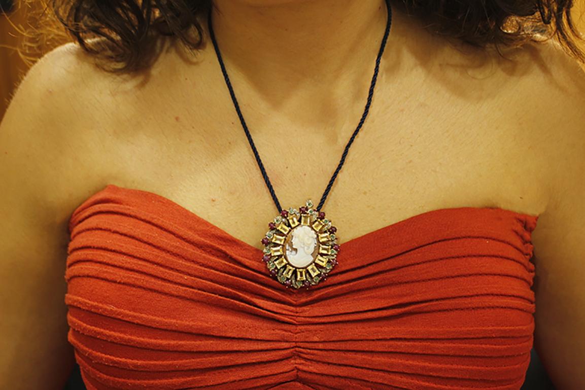 Women's Diamonds Rubies Emeralds Yellow Topaz Cameo Gold Silver Brooch/Pendant Necklace