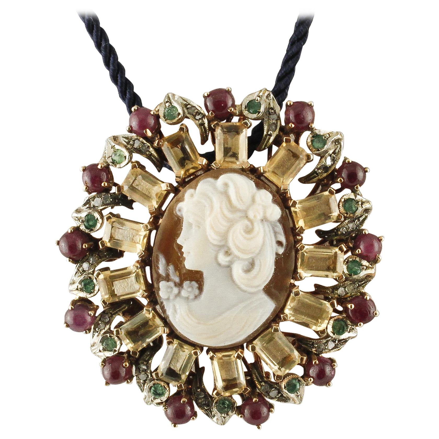 Diamonds Rubies Emeralds Yellow Topaz Cameo Gold Silver Brooch/Pendant Necklace
