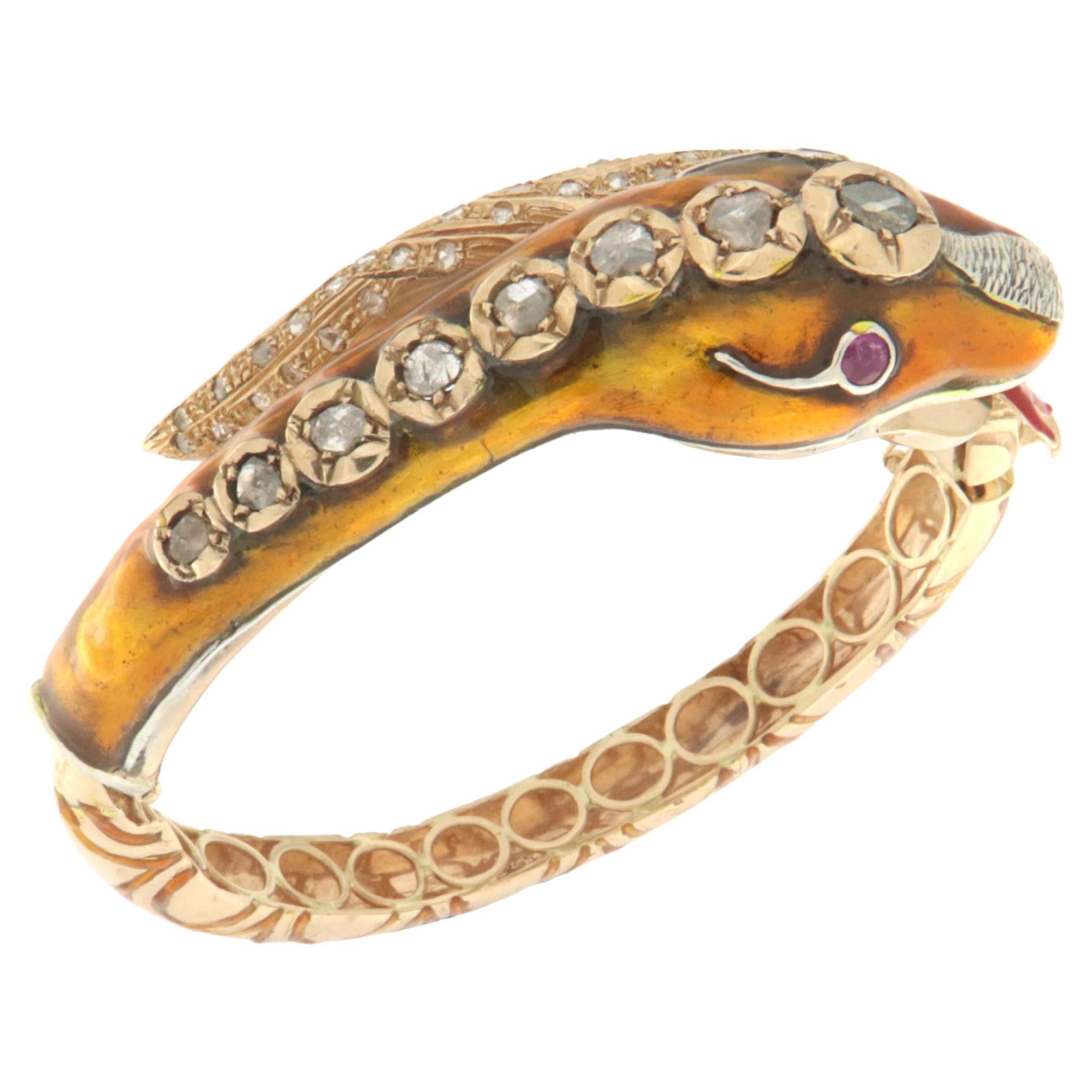 Diamonds Rubies Enamel 14 Karat Yellow Gold Snake Bangle Bracelet