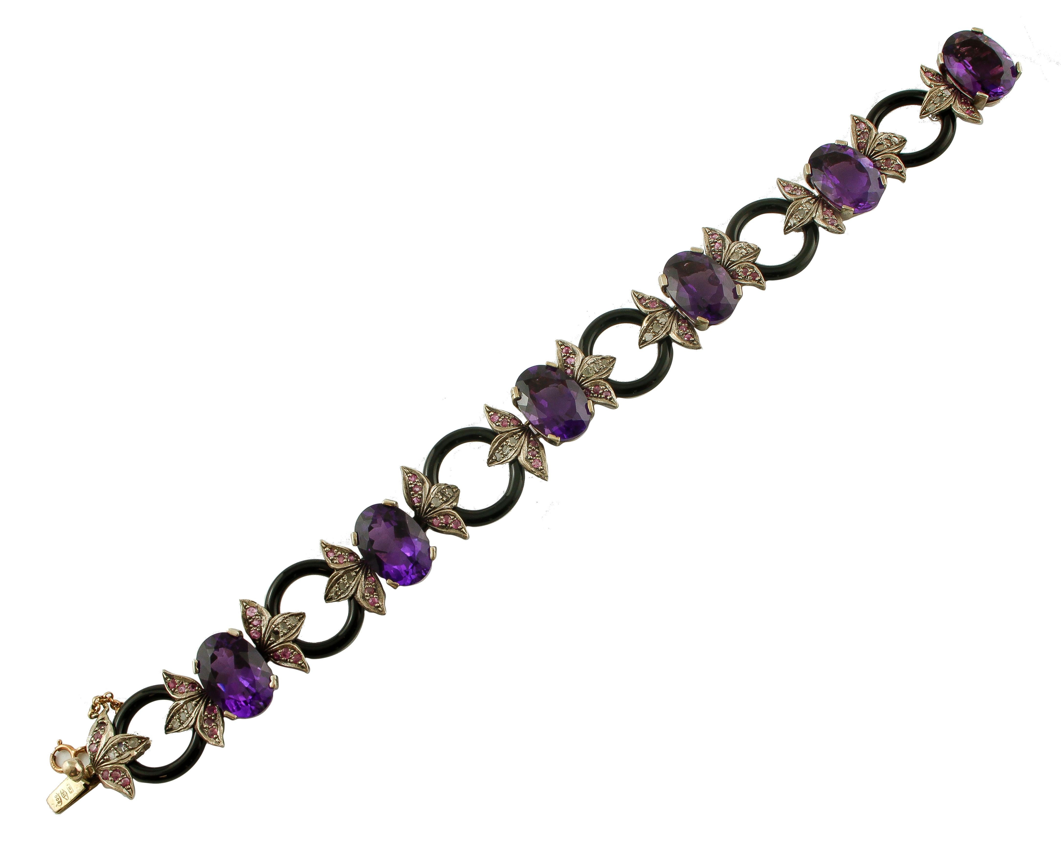 Diamonds, Rubies, Hard Stones, 9 Karat Rose Gold and Silver Retro Bracelet In Excellent Condition In Marcianise, Marcianise (CE)