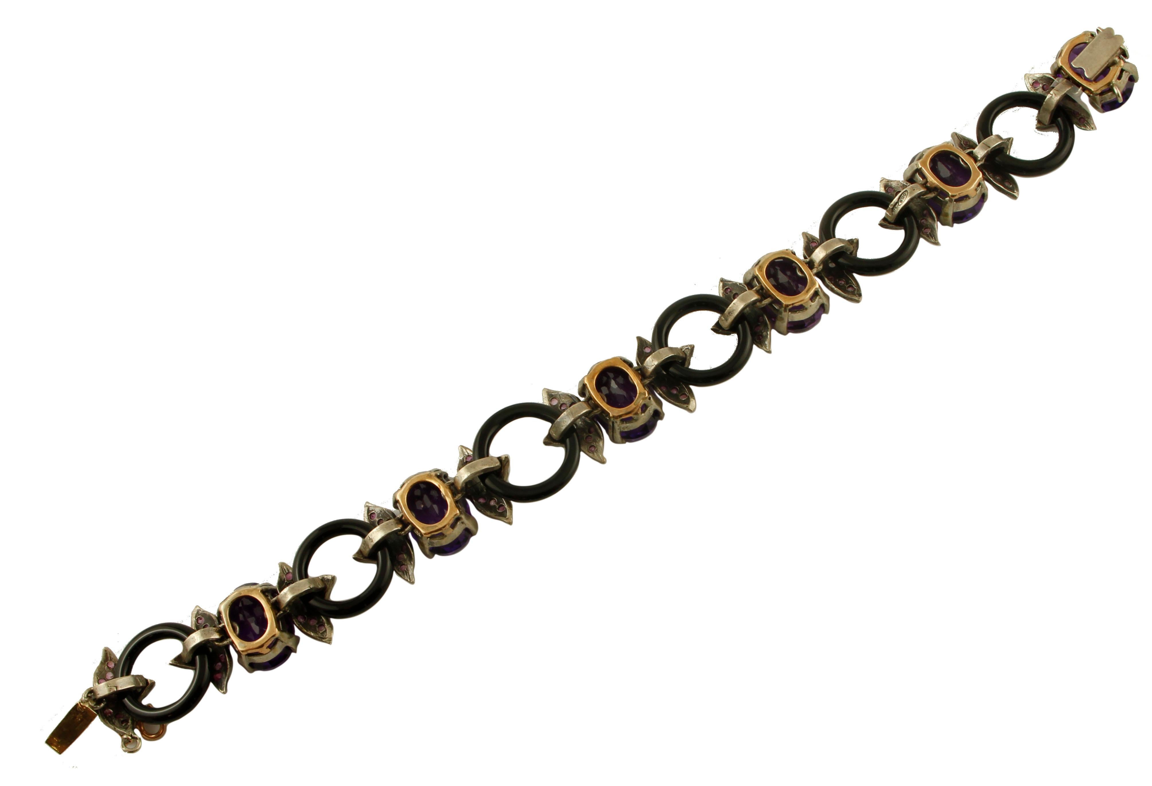 Women's Diamonds, Rubies, Hard Stones, 9 Karat Rose Gold and Silver Retro Bracelet