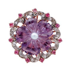 Diamonds, Rubies, Hydrothermal Amethyst, Pearl, 9Kt Rose Gold and Silver Ring