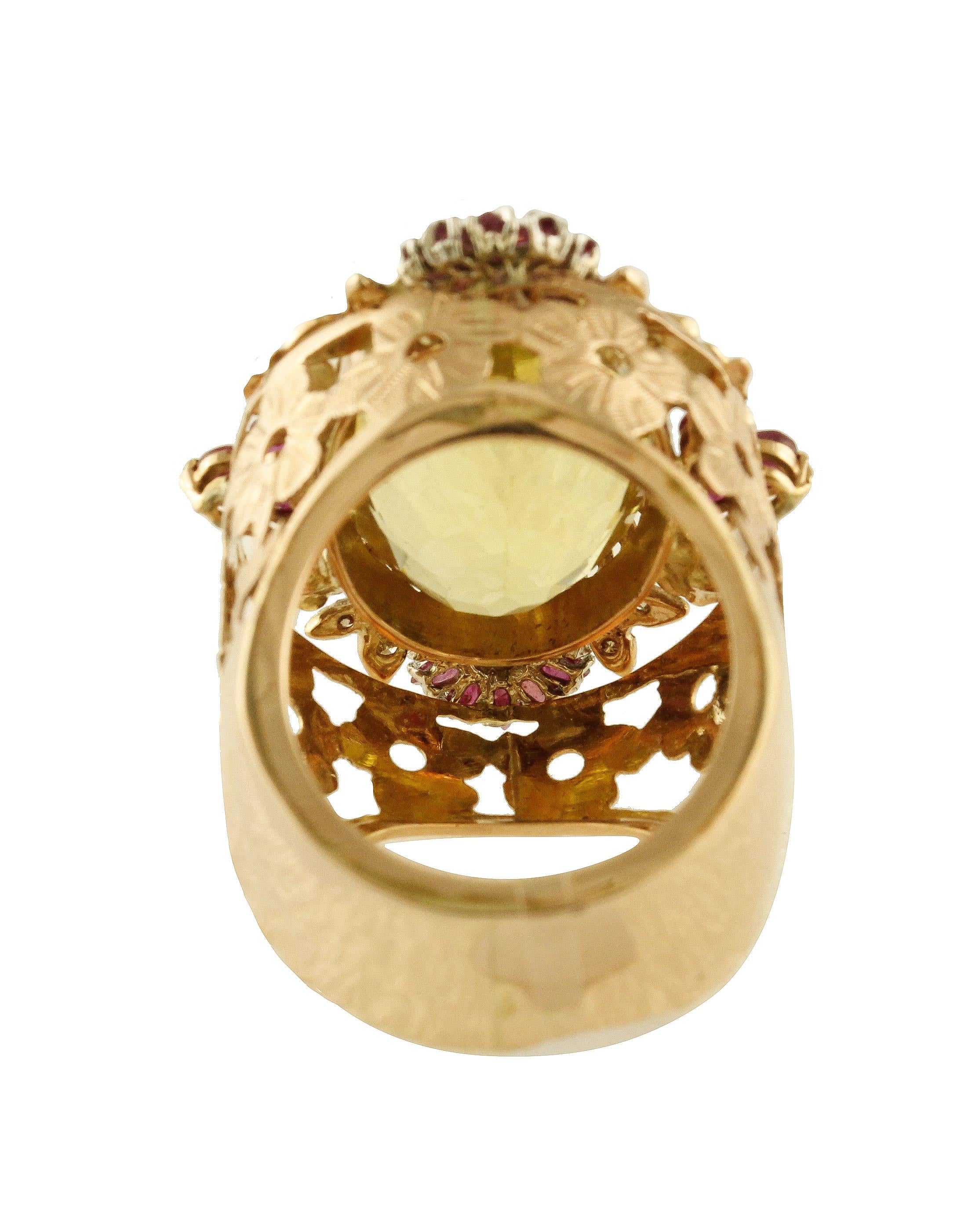Diamonds Rubies Lemon Citrine Rose Gold Cocktail Ring In Good Condition For Sale In Marcianise, Marcianise (CE)