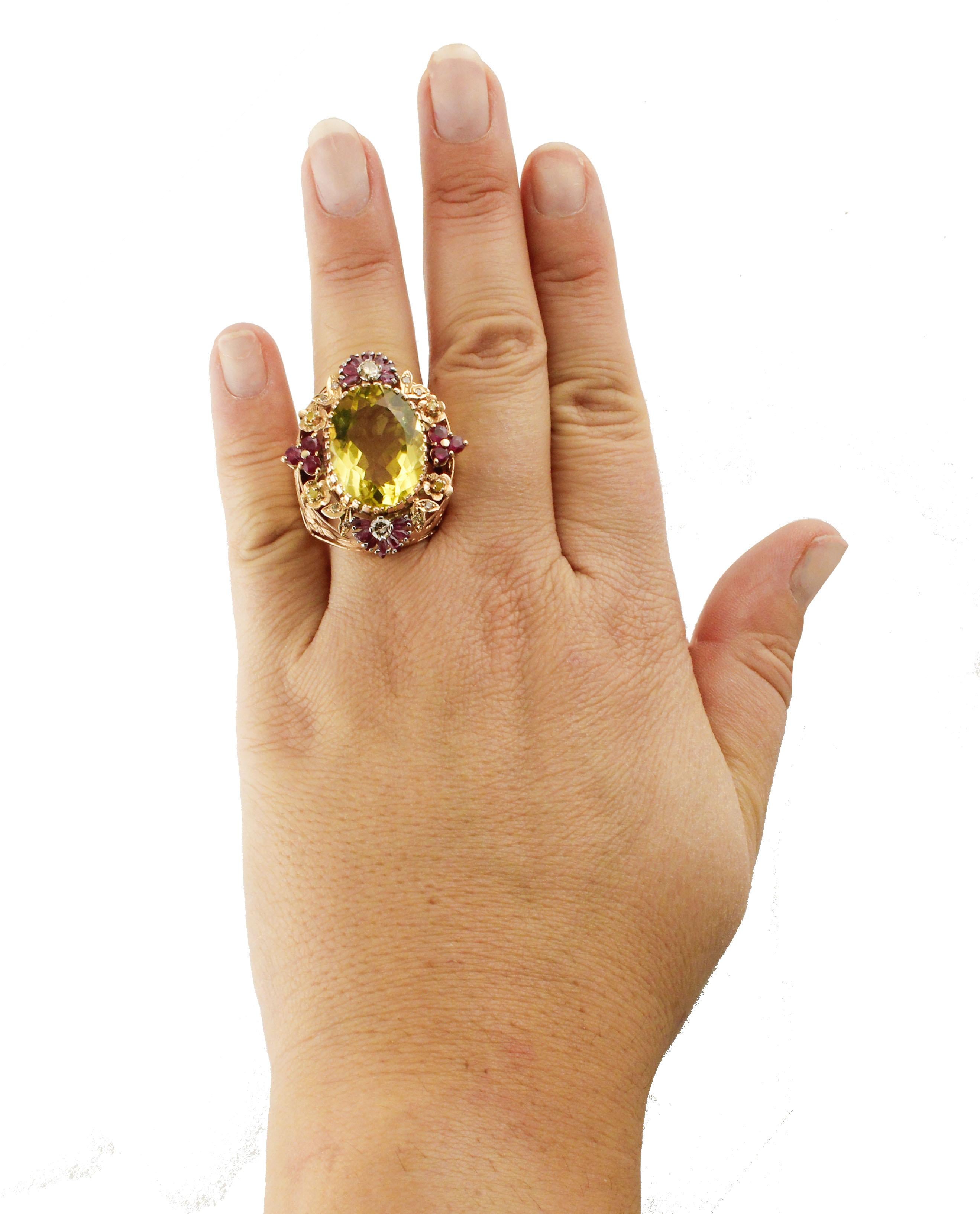 Women's Diamonds Rubies Lemon Citrine Rose Gold Cocktail Ring For Sale
