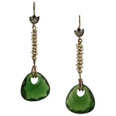 Diamonds Rubies Little Pearls Green Crystal Rose Gold and Silver Dangle Earrings