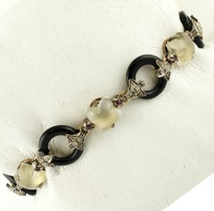 Diamonds Rubies Moonstone Flowers Onyx Rings Rose Gold and Silver Link Bracelet