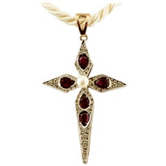 Diamonds, Rubies, Pearl, 9 Karat Yellow Gold and Silver Cross Pendant