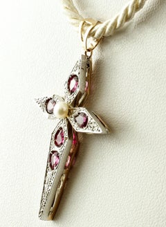 Diamonds, Rubies, Pearl, 9 Karat Yellow Gold and Silver Cross Pendant