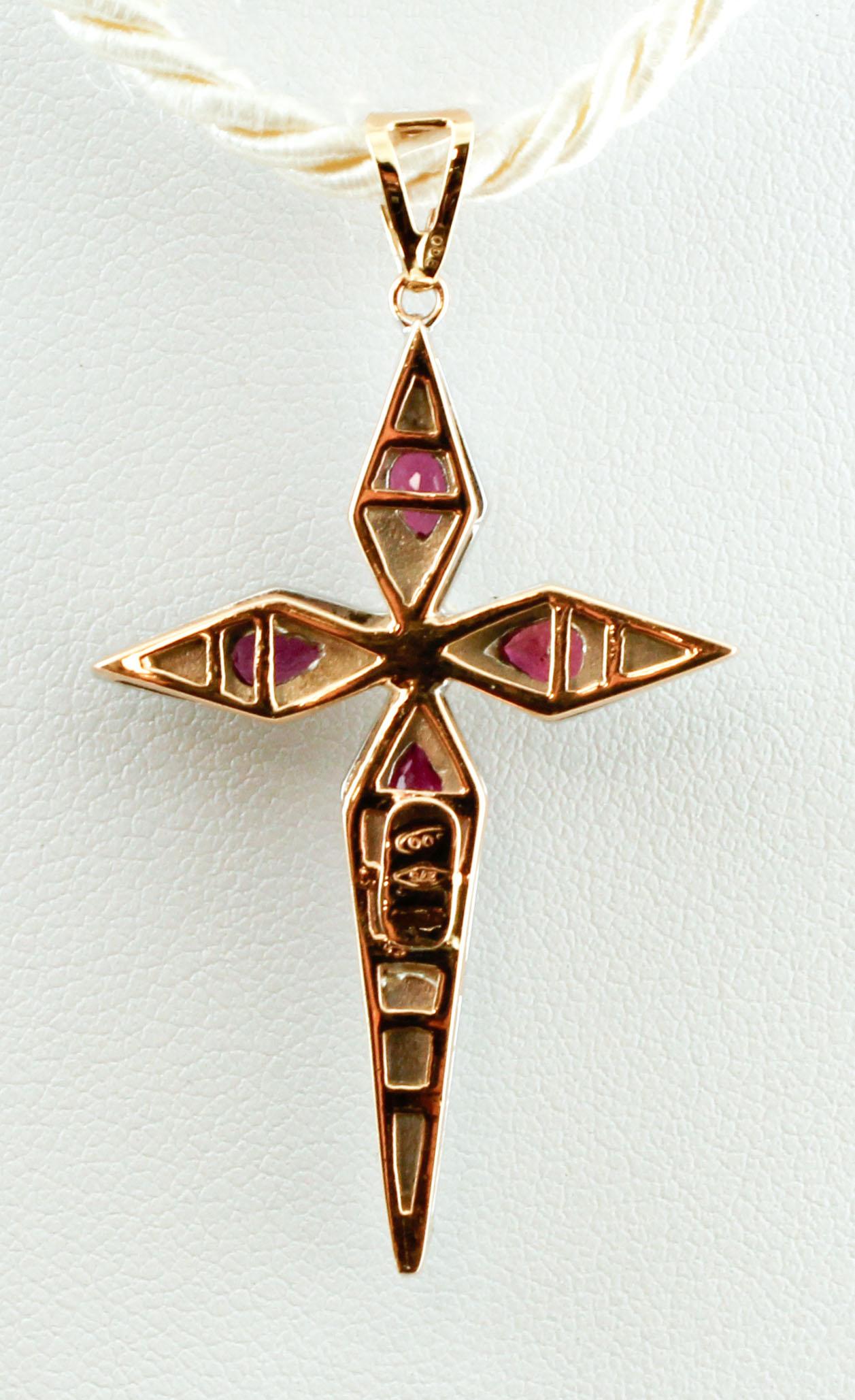 Retro Diamonds, Rubies, Pearl, 9 Karat Yellow Gold and Silver Cross Pendant