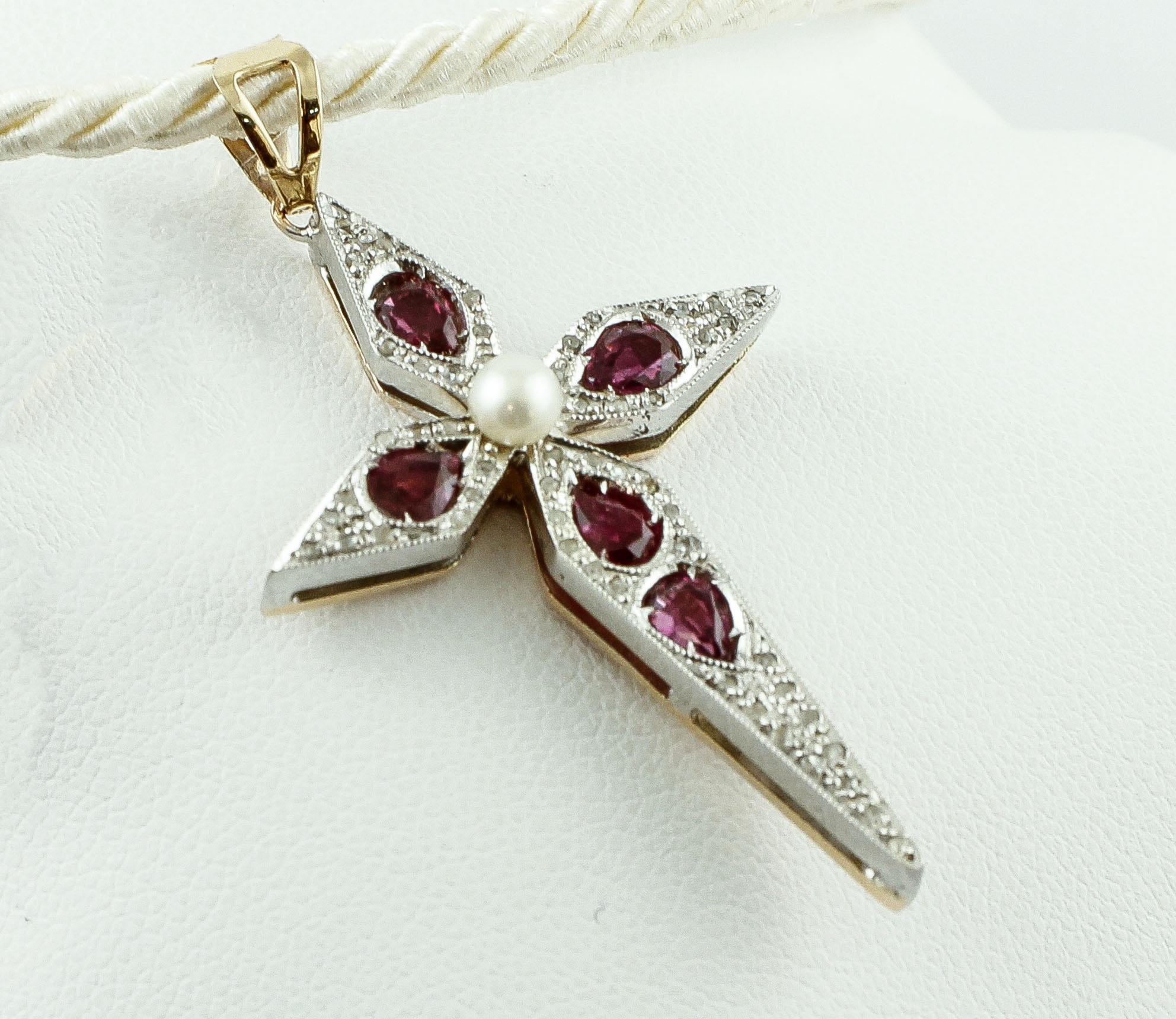 Diamonds, Rubies, Pearl, 9 Karat Yellow Gold and Silver Cross Pendant In Excellent Condition In Marcianise, Marcianise (CE)