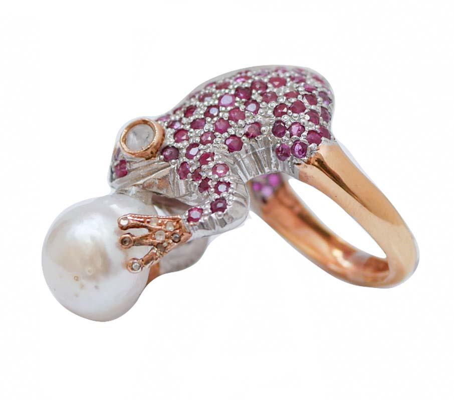 Ring in Froschform mit Diamanten, Rubinen, Perlen, Roségold und Silber (Retro) im Angebot