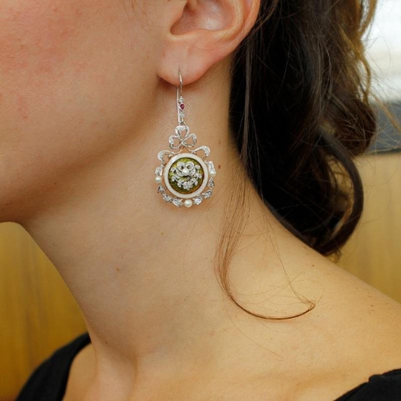 Women's Diamonds, Rubies, Pearls, 14 Karat White Gold and Enamel Vintage Dangle Earrings