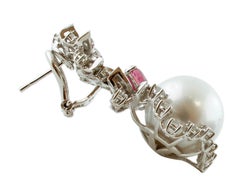 Diamonds, Rubies, Pearls, 18 Karat White Gold Fashion Earrings