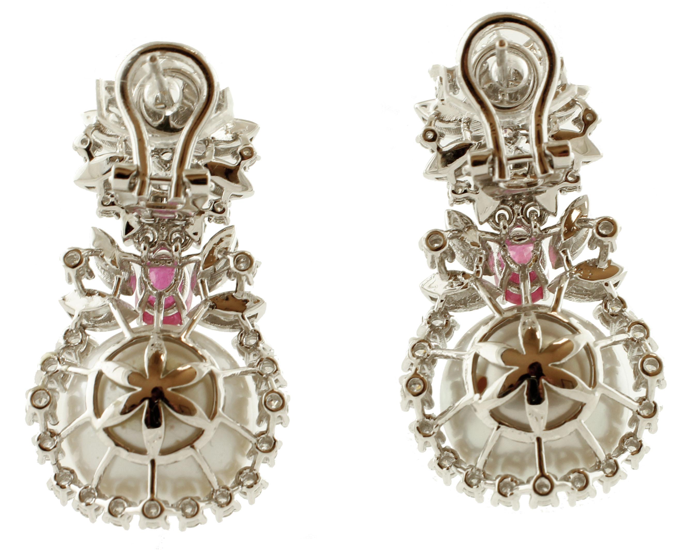 Retro Diamonds, Rubies, Pearls, 18 Karat White Gold Fashion Earrings For Sale