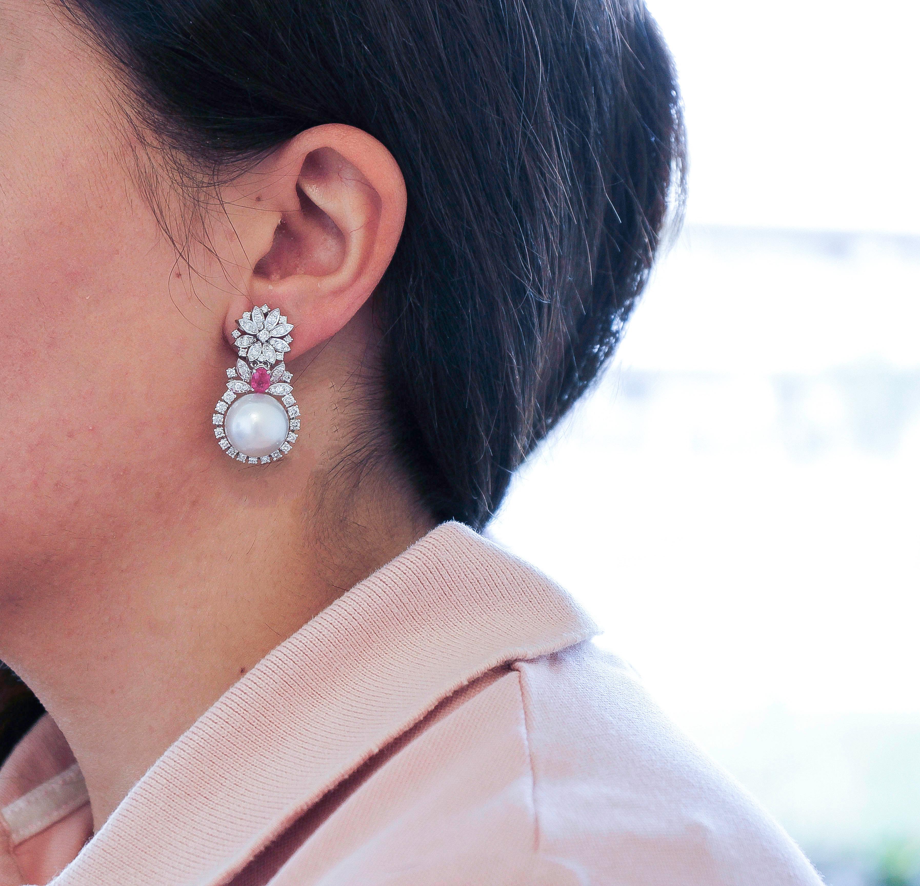 Brilliant Cut Diamonds, Rubies, Pearls, 18 Karat White Gold Fashion Earrings For Sale