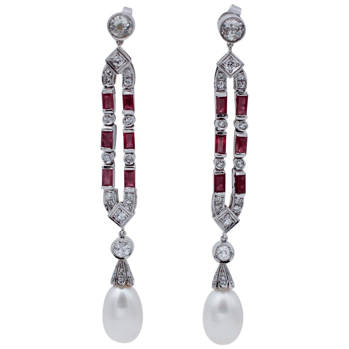 Diamonds, Rubies, Pearls, Platinum Dangle Earrings