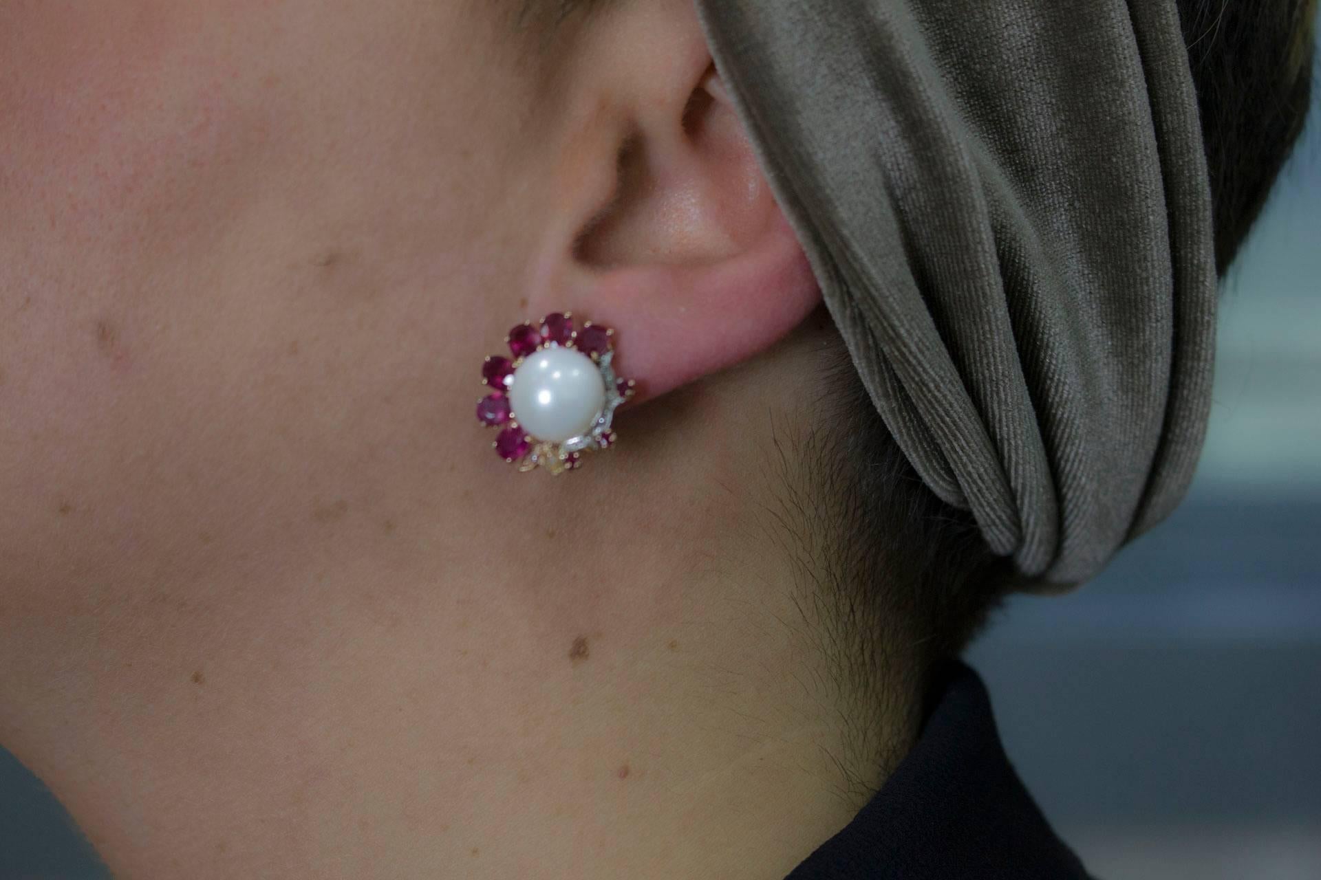 Women's Diamonds Rubies Pearls Rose Gold Drop Earrings