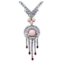 Diamonds, Rubies, Pink Coral, 14 Karat White Gold Necklace