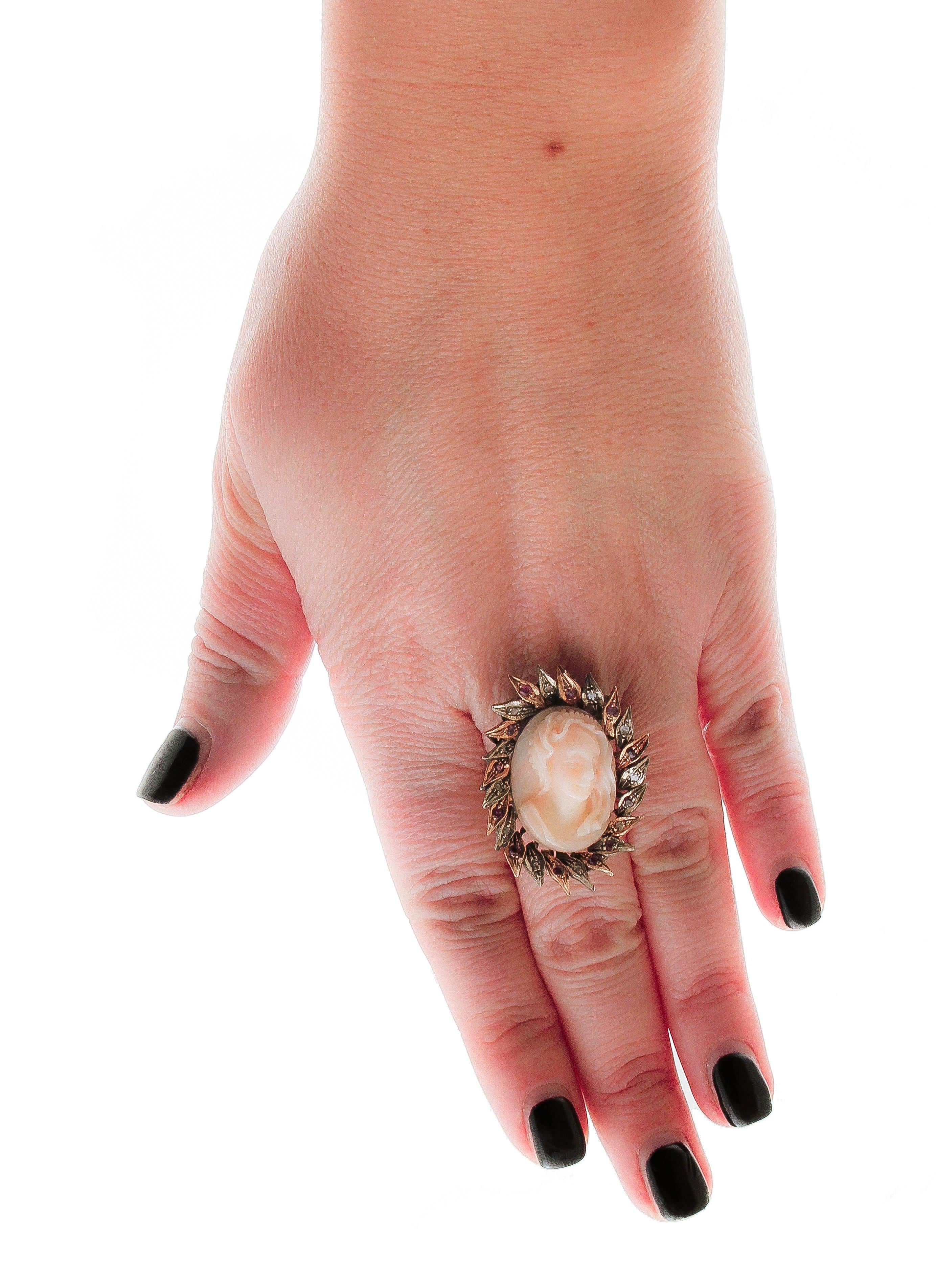 Round Cut Diamonds, Rubies, Pink Coral, Rose Gold and Silver Cluster Retrò Ring