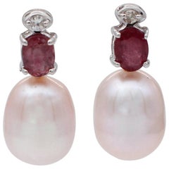 Diamonds, Rubies, Pink Pearls, 18 Karat White Gold Beaded Drop Earrings