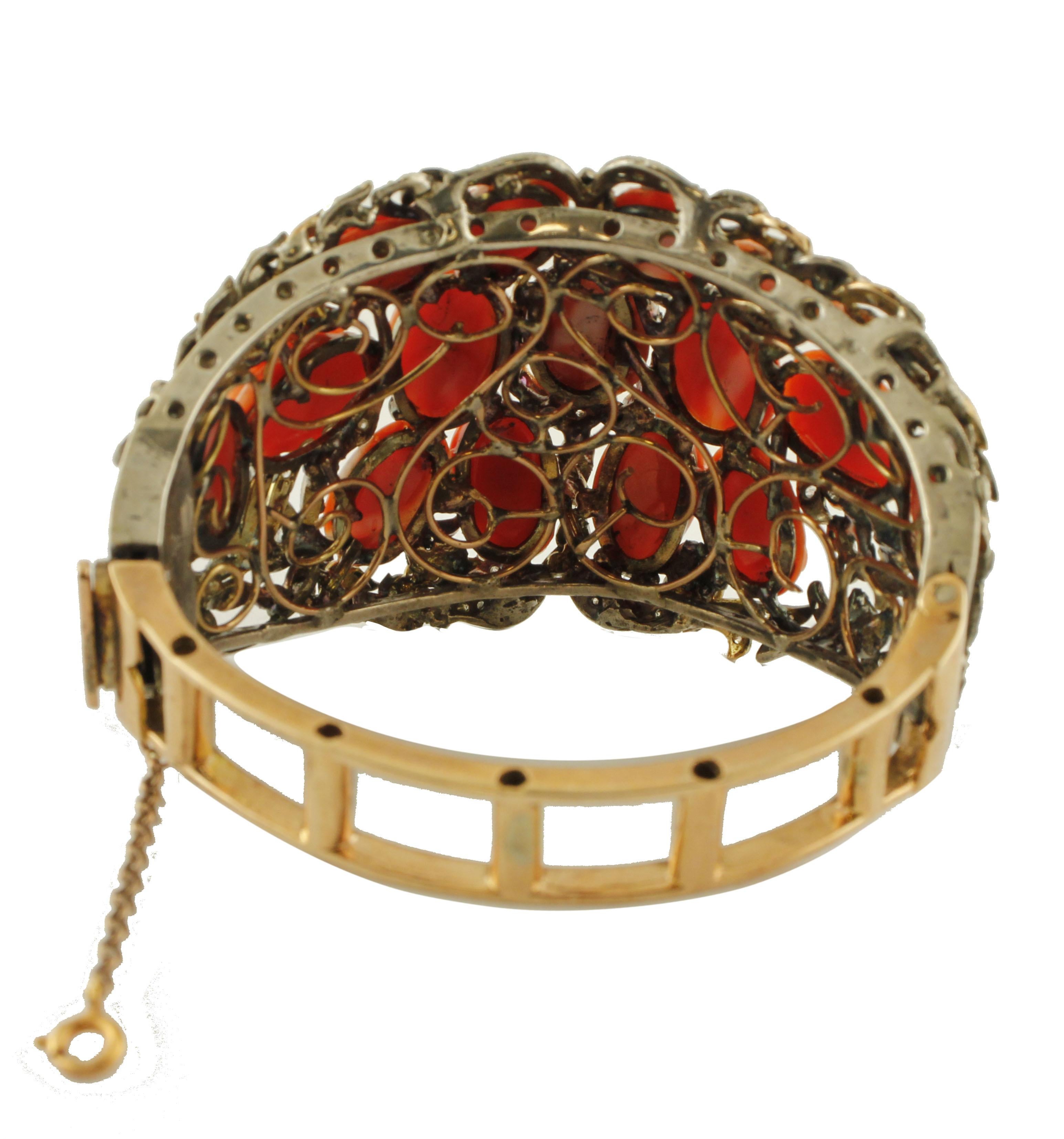 Retro Diamonds Rubies Red Corals Flowers Rose Gold Silver Retrò Bracelet