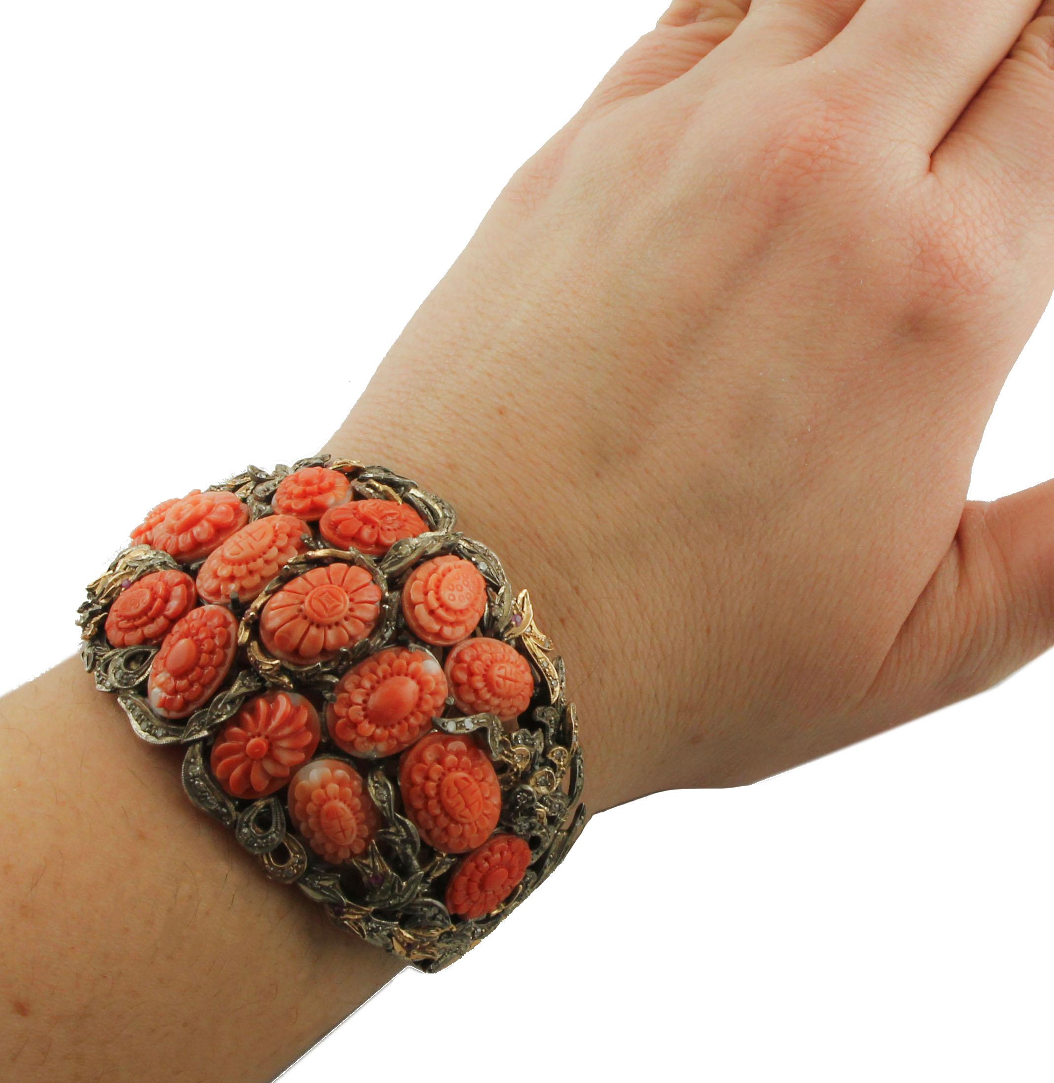 Diamonds Rubies Red Corals Flowers Rose Gold Silver Retrò Bracelet 2