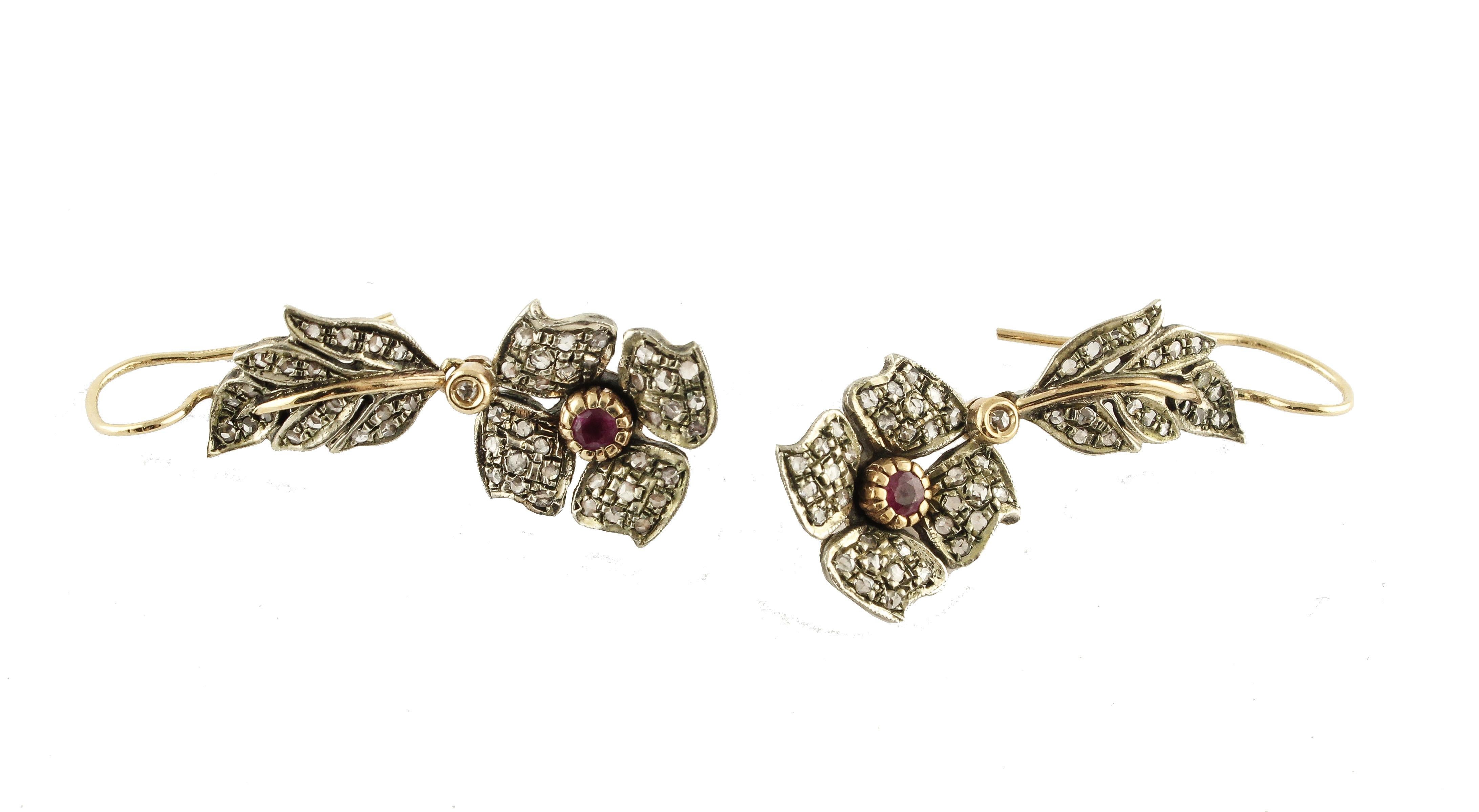 Retro Diamonds Rubies Rose Gold and Silver Earrings