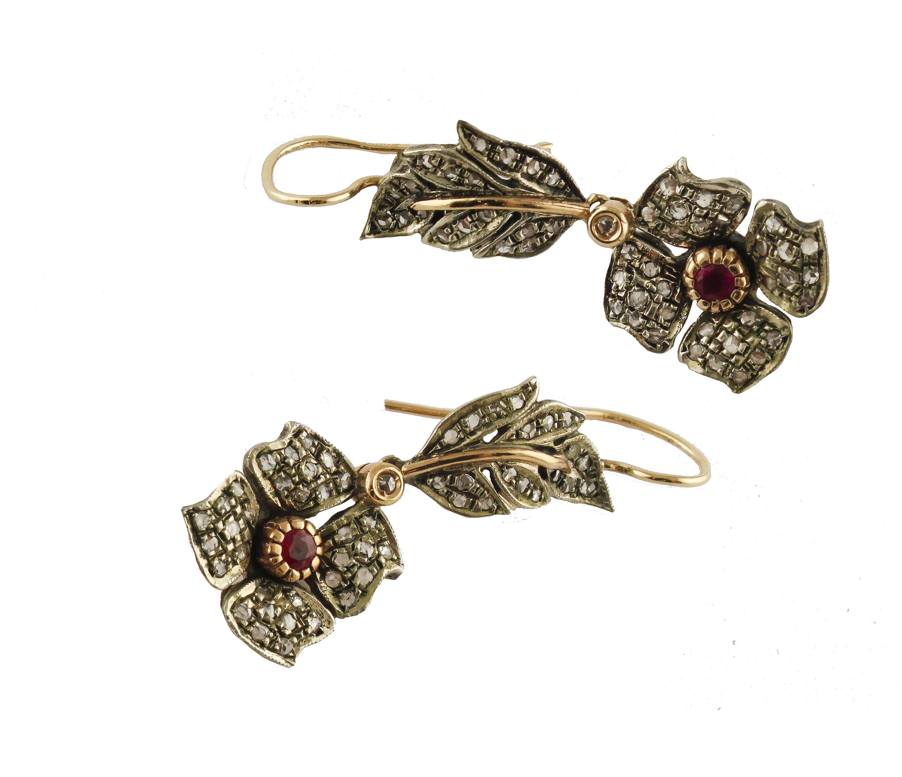 Mixed Cut Diamonds Rubies Rose Gold and Silver Earrings