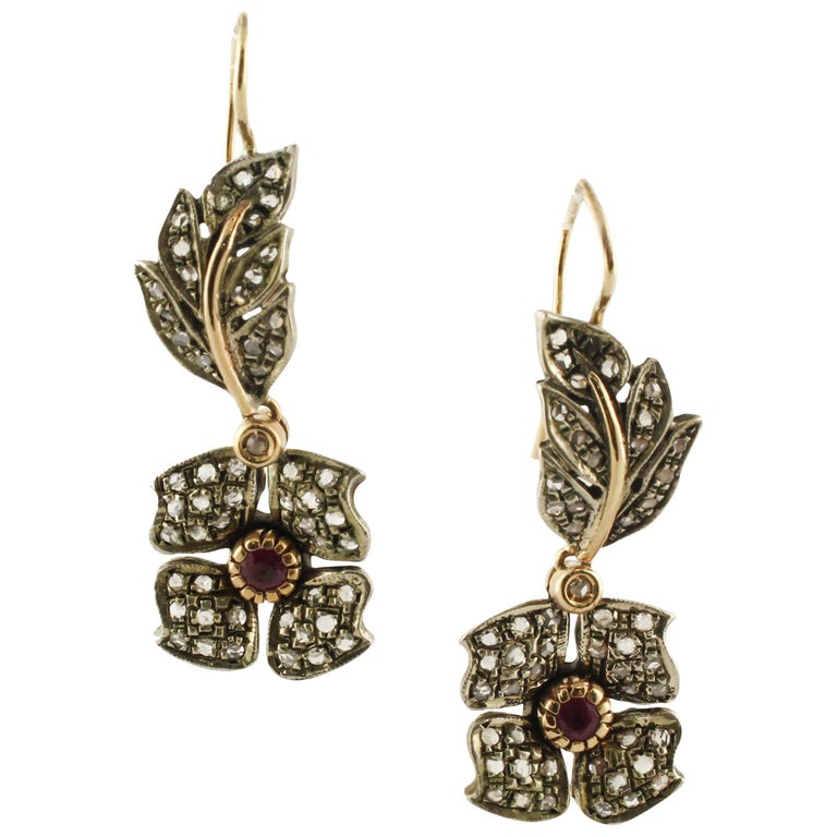Diamonds Rubies Rose Gold and Silver Earrings For Sale at 1stdibs