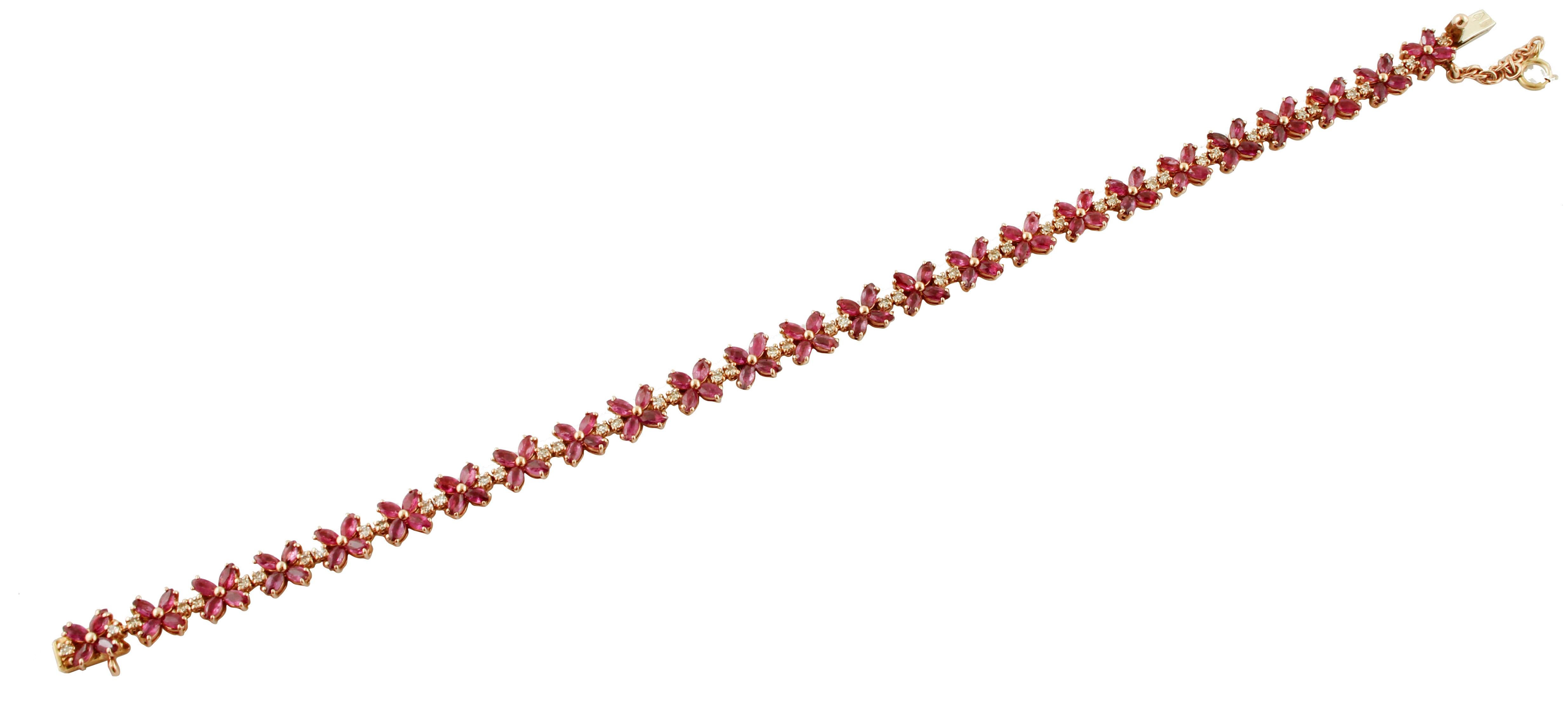 Retro Diamonds, Rubies, Rose Gold Flower Shape Link Tennis Bracelet