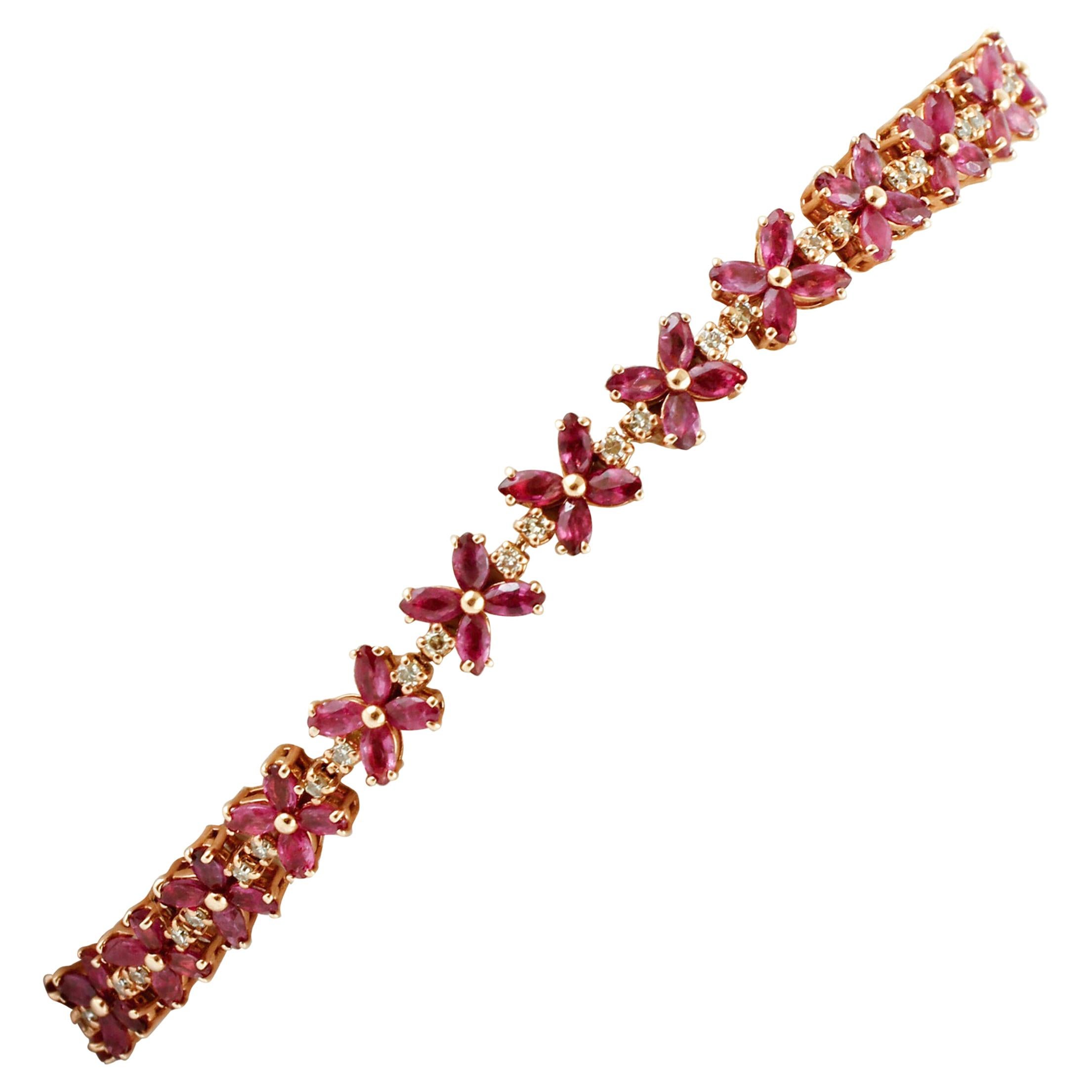 Diamonds, Rubies, Rose Gold Flower Shape Link Tennis Bracelet