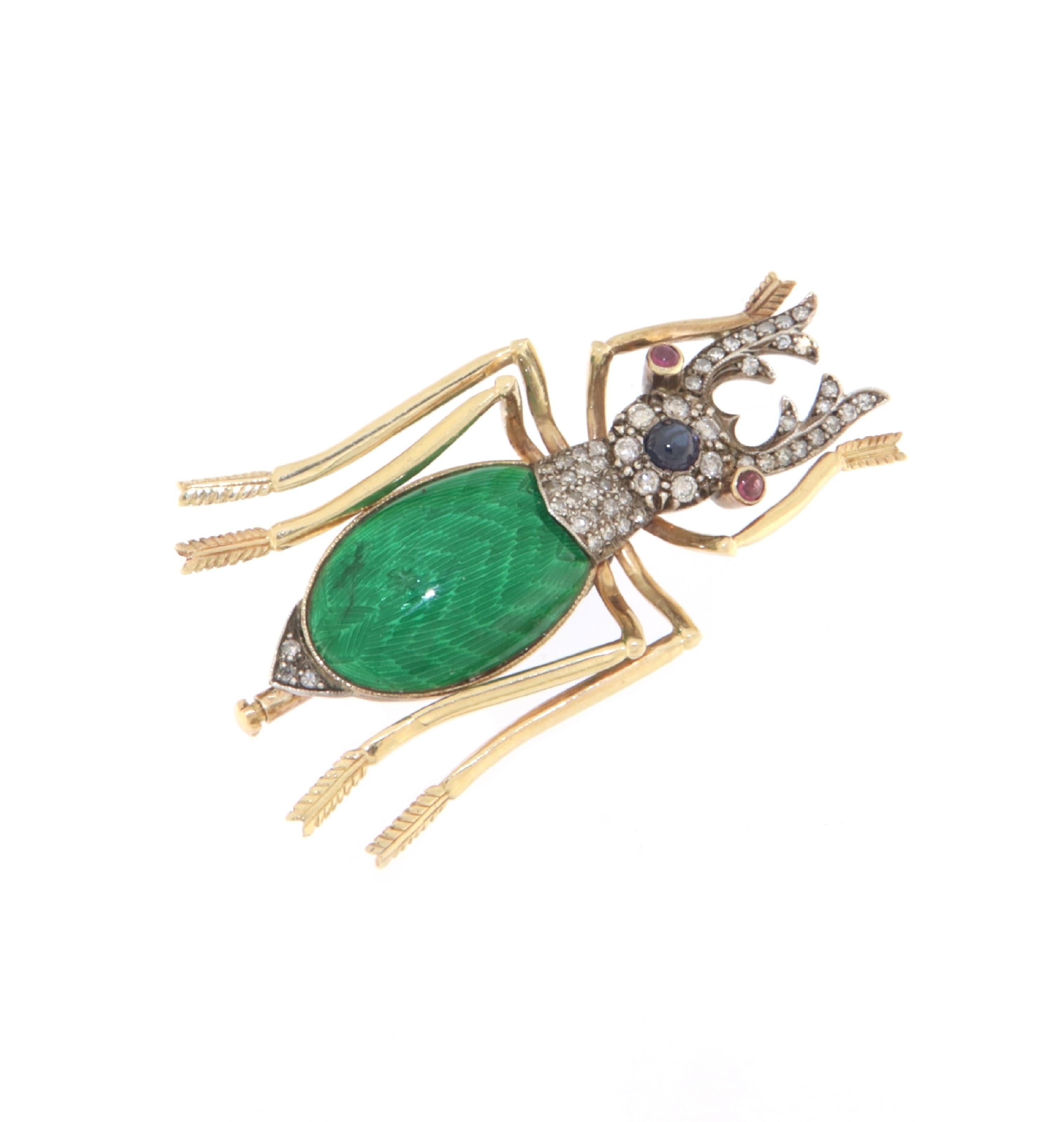 Artisan Diamonds Rubies Sapphire 14 Karat Yellow Gold Scarab Brooch For Sale