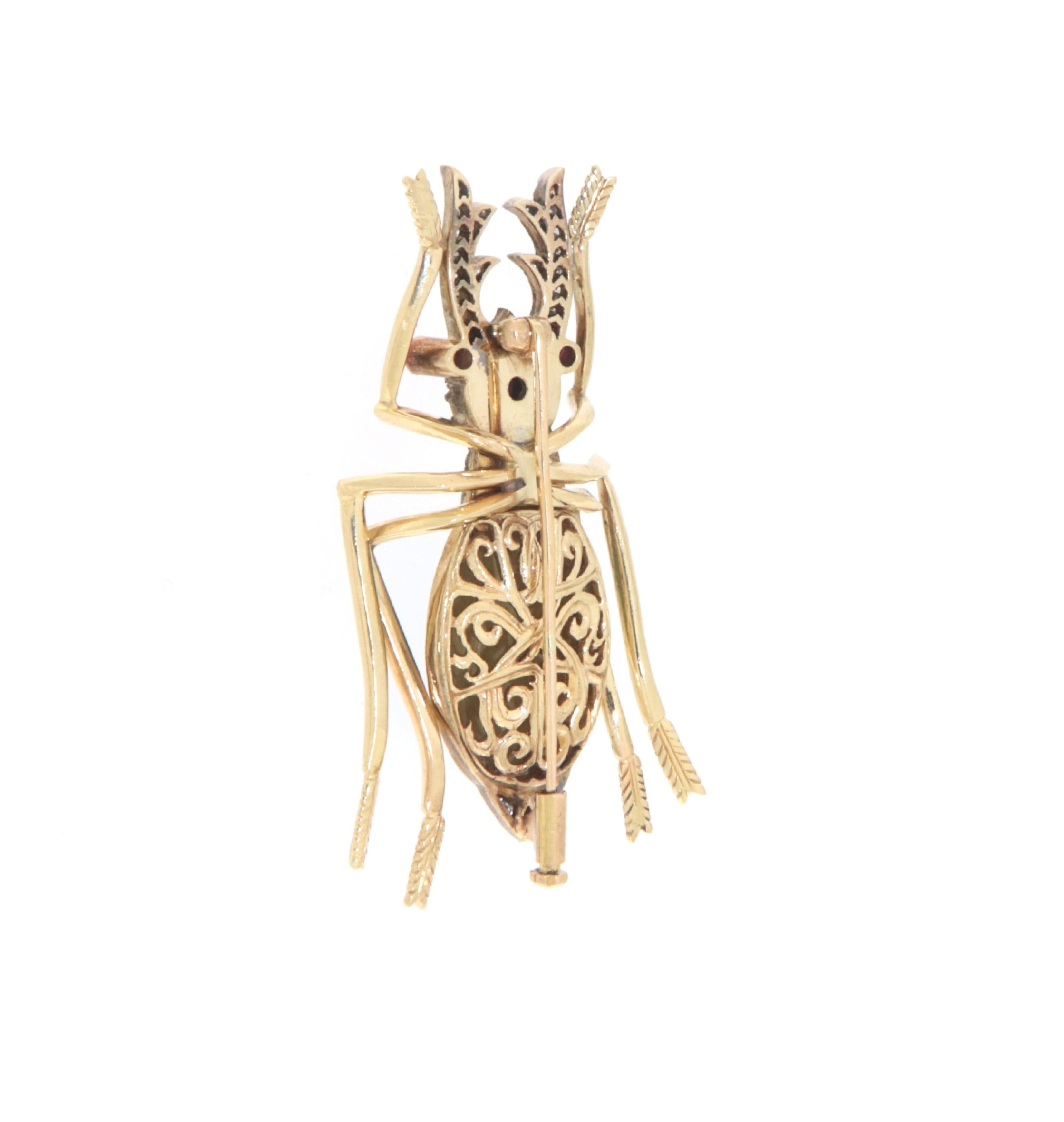 Brilliant Cut Diamonds Rubies Sapphire 14 Karat Yellow Gold Scarab Brooch For Sale