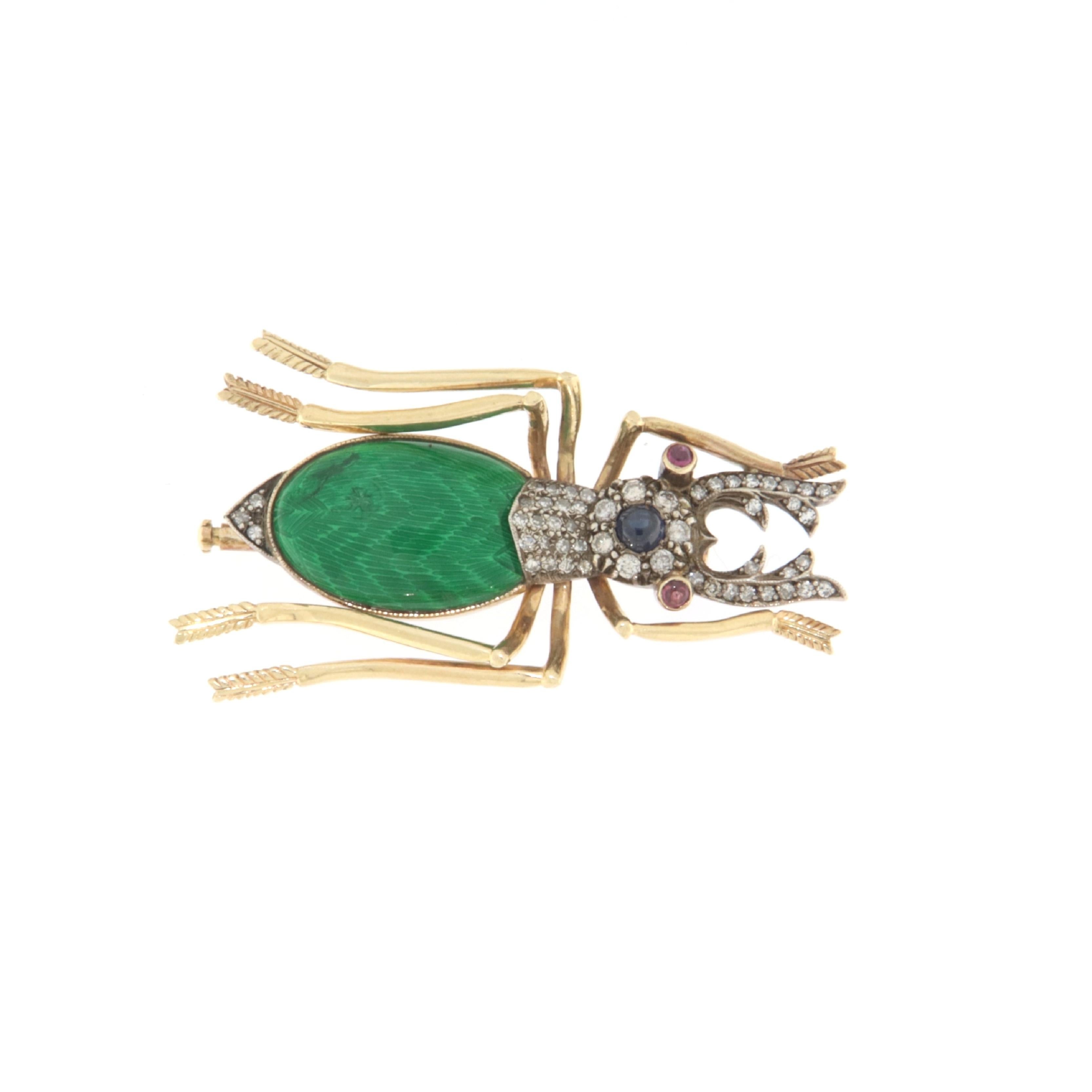 Diamonds Rubies Sapphire 14 Karat Yellow Gold Scarab Brooch In New Condition For Sale In Marcianise, IT