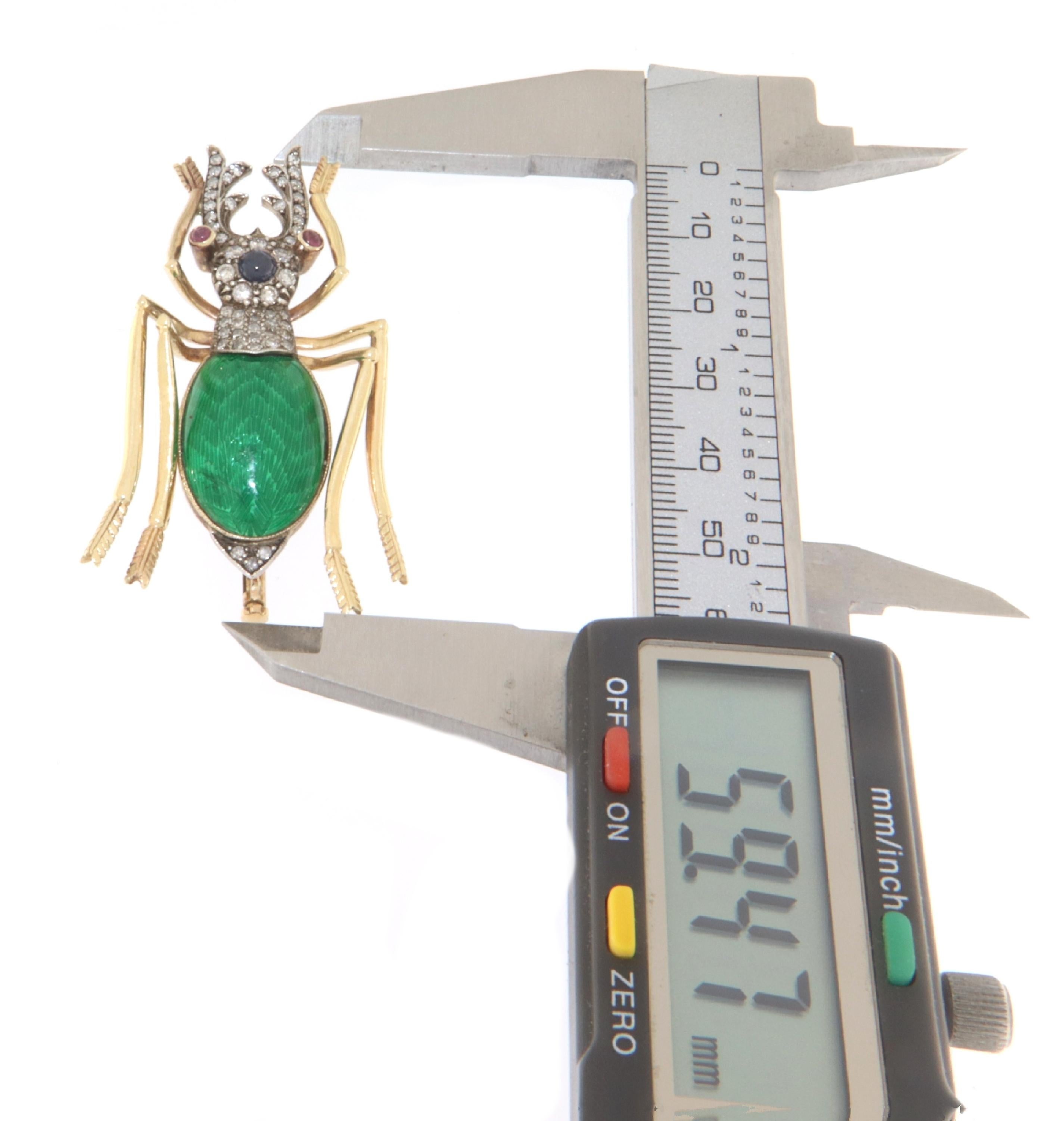 Women's Diamonds Rubies Sapphire 14 Karat Yellow Gold Scarab Brooch For Sale
