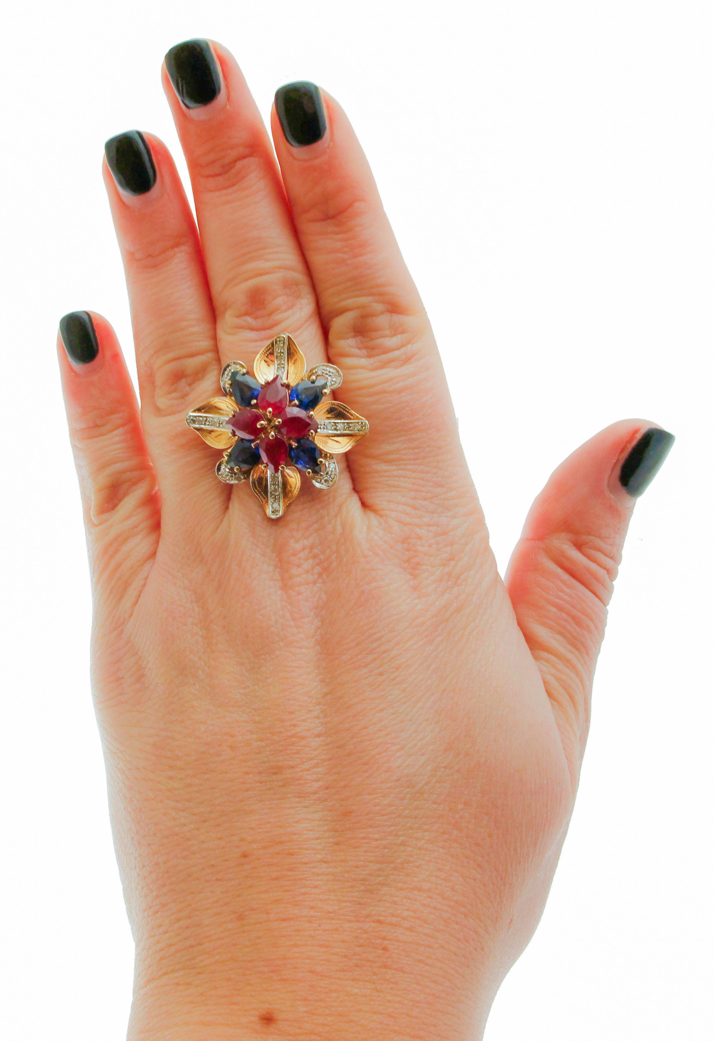 Retro Diamonds, Rubies, Sapphires, 14 Karat Rose Gold Flower Ring For Sale