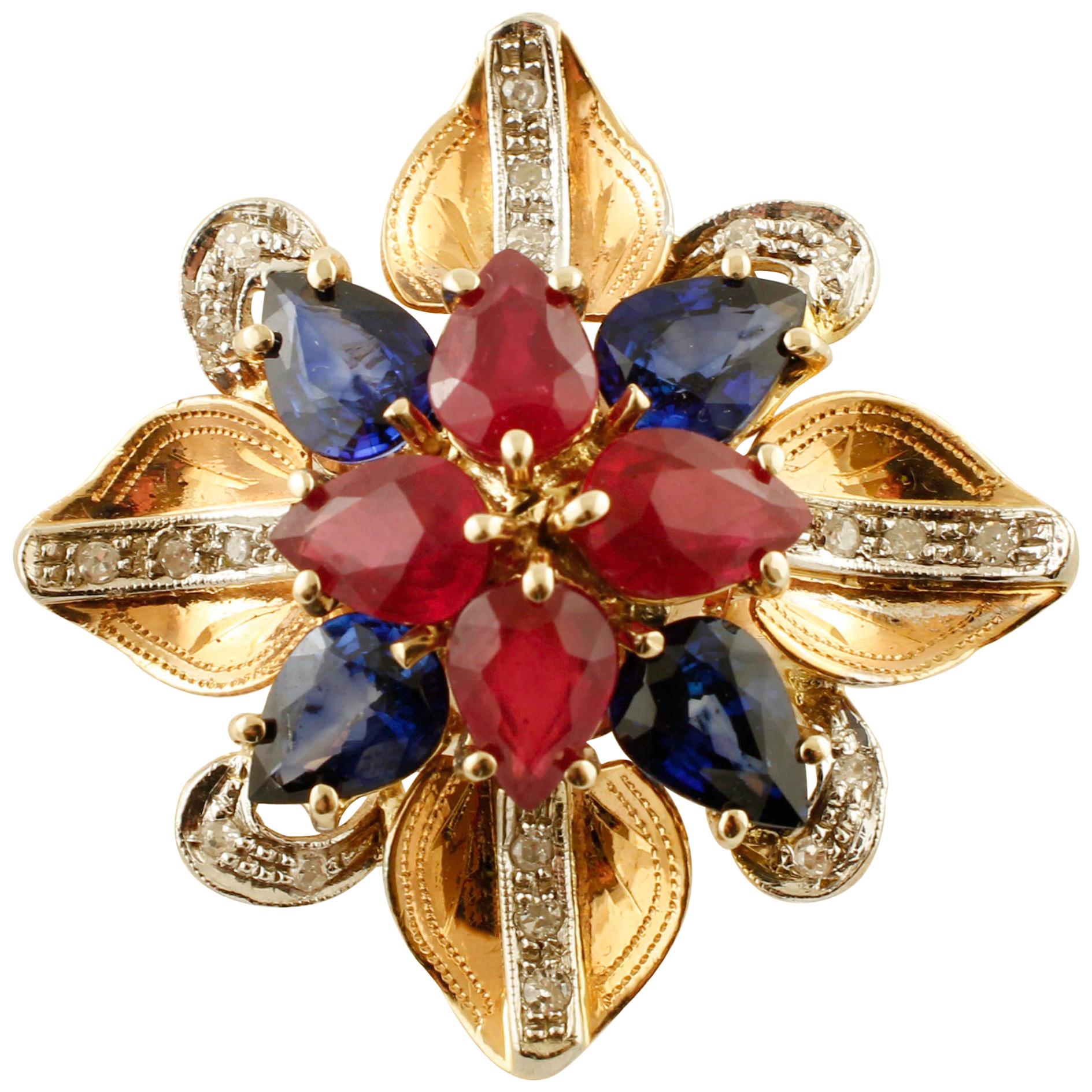 Diamonds, Rubies, Sapphires, 14 Karat Rose Gold Flower Ring For Sale